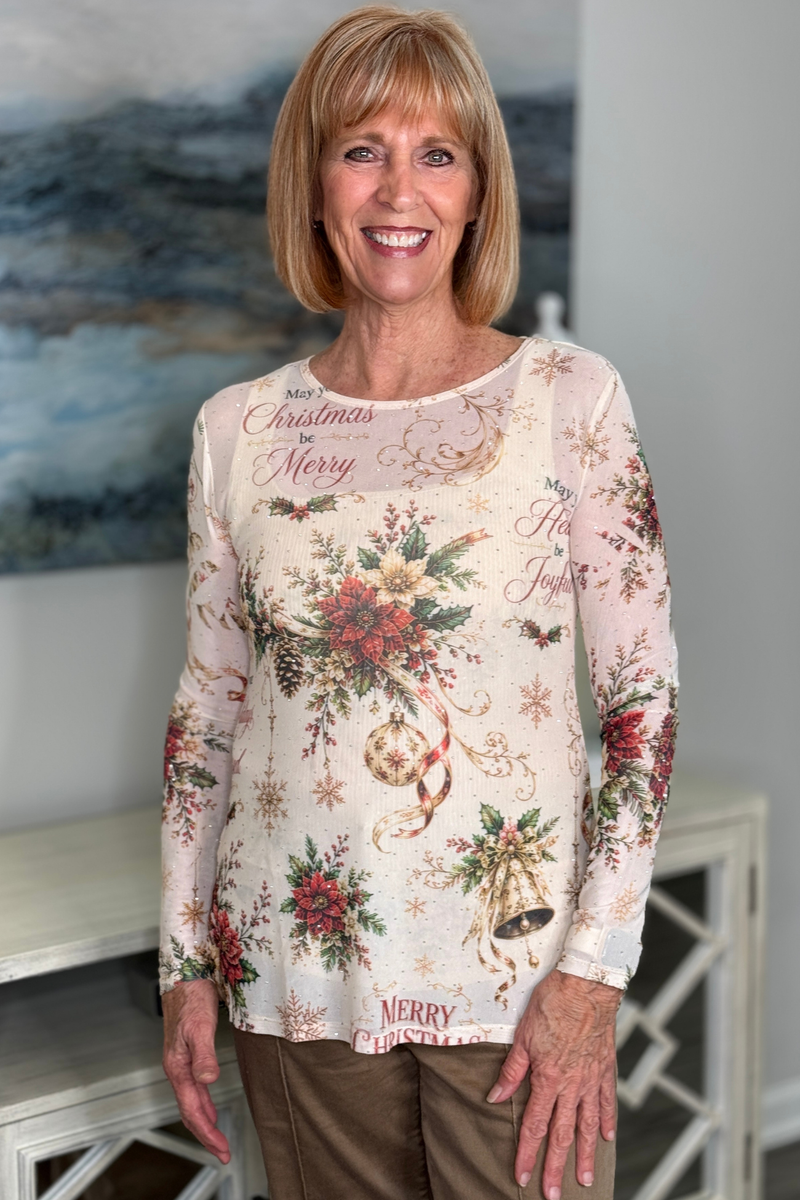 Vintage Christmas poinsettia and ornament print mesh top