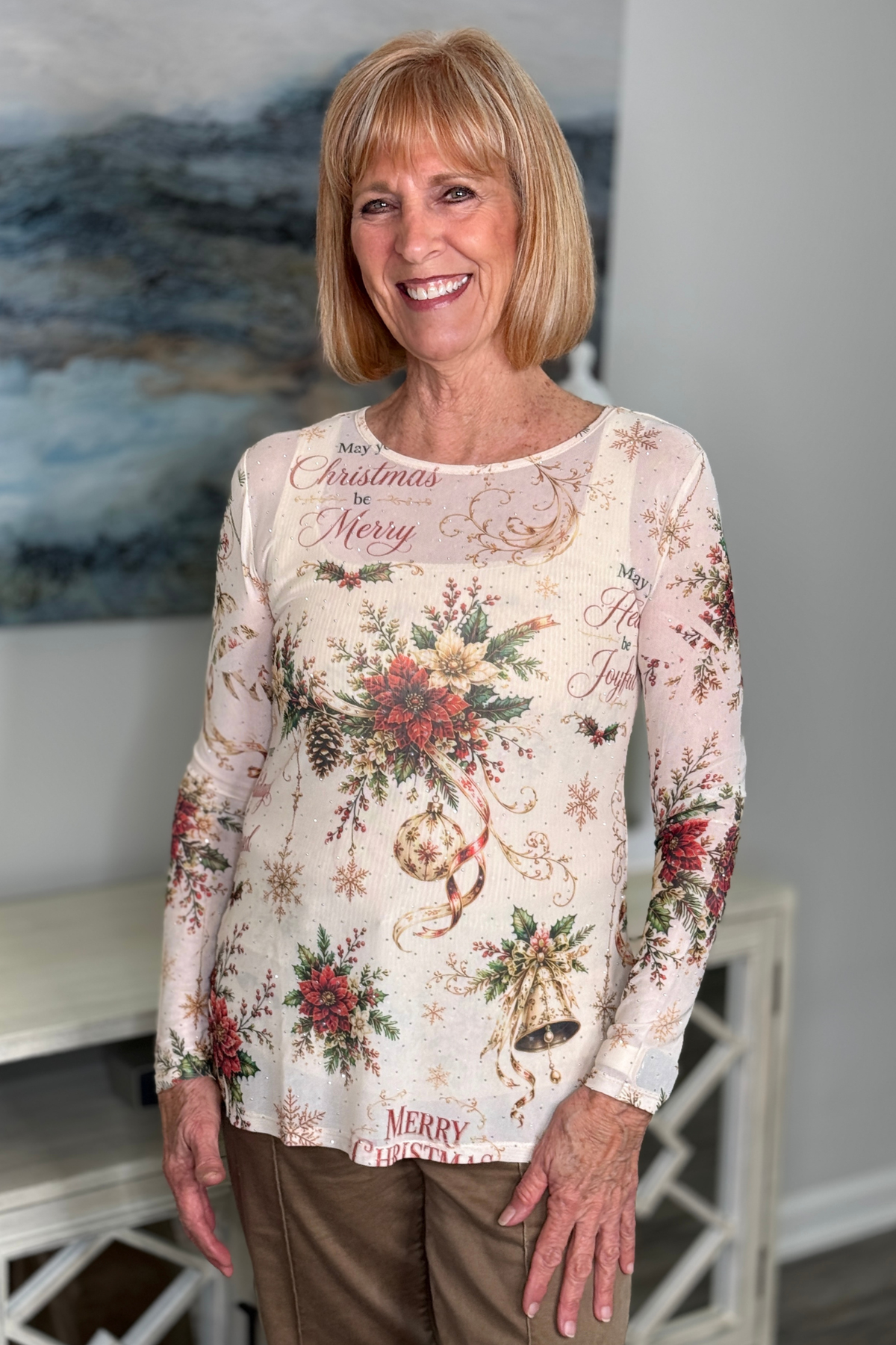 Women’s ivory Christmas print sparkle mesh long sleeve top