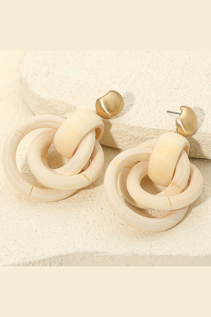 Chunky wooden hoop knot earrings in ivory with post back