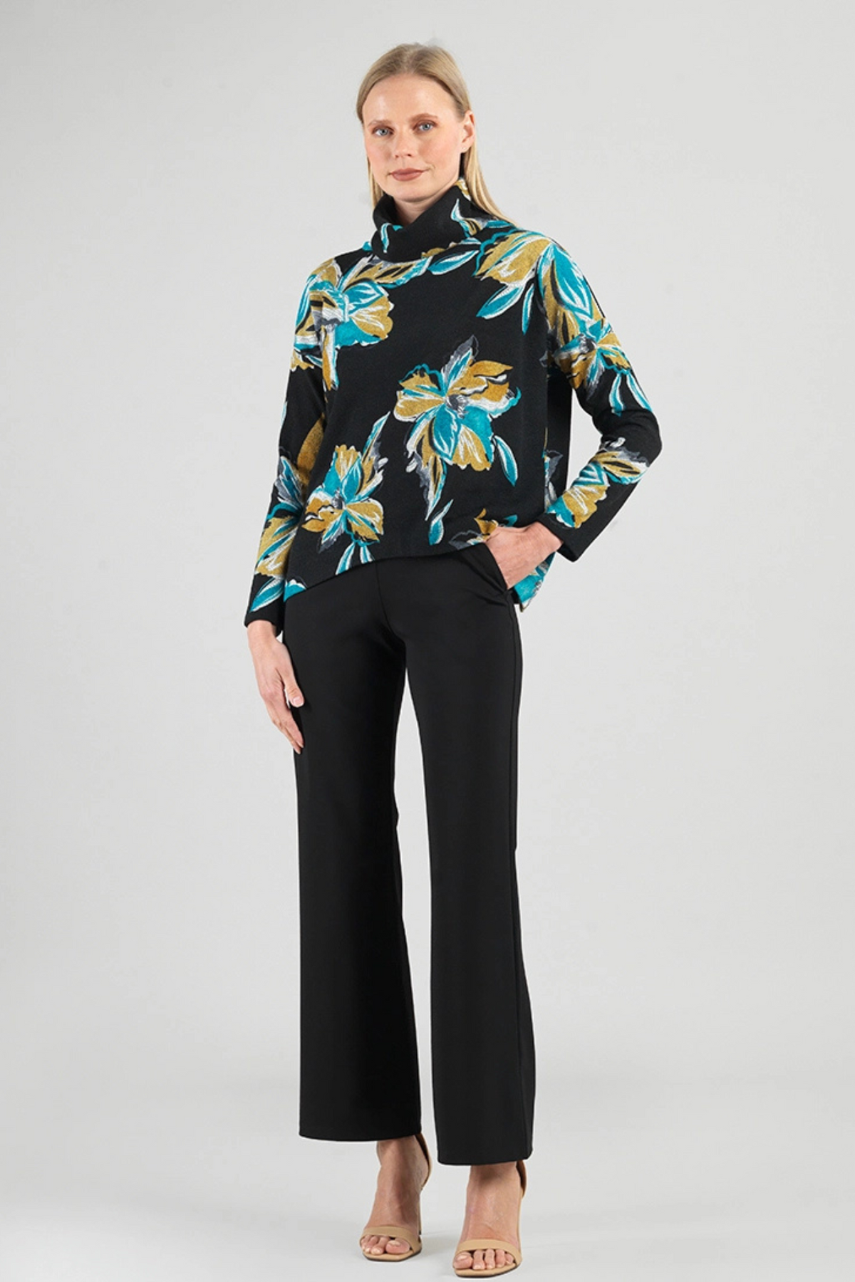 Clara Sunwoo Floral Print Turtleneck Sweater with Tipped Hem