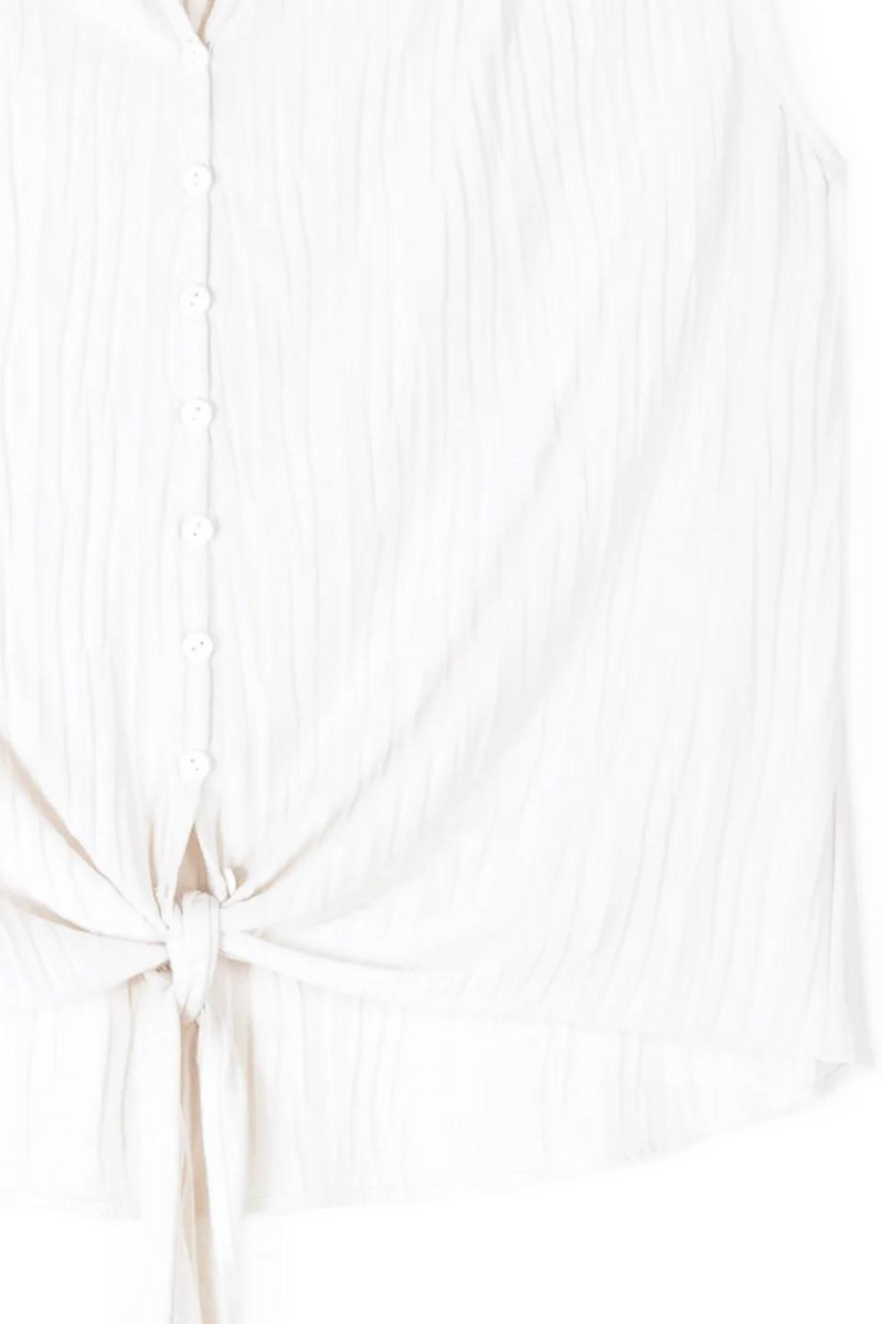 Clara Sunwoo Ivory Soft Pleat Knit Sleeveless Button Down Tie Hem Top