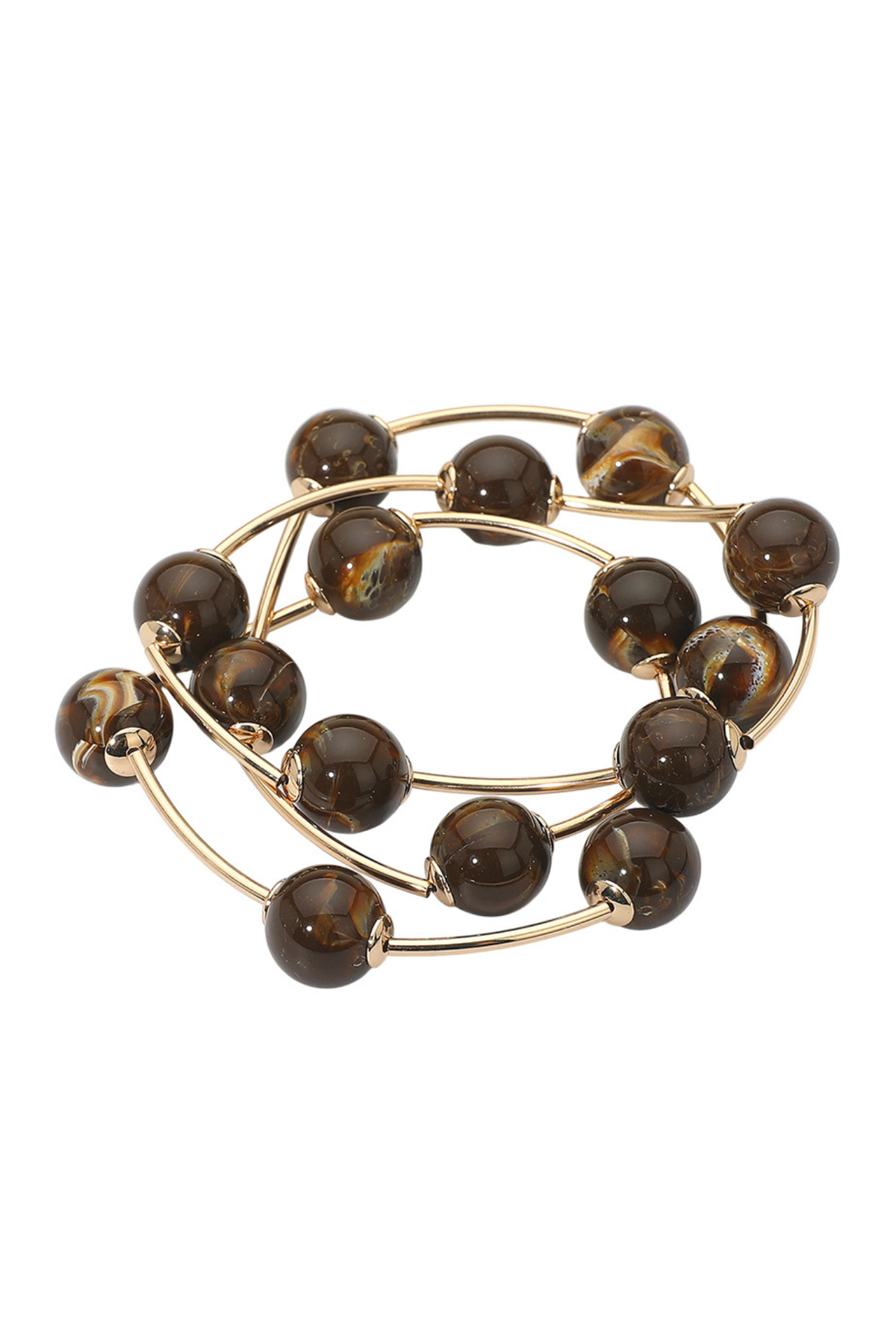 Close-up of brown wire and bead layered bracelets