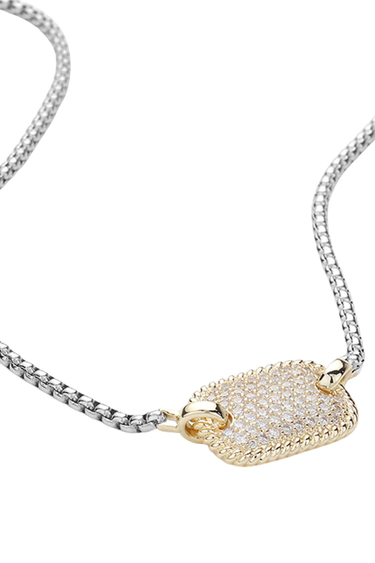 Close-up of sparkling rectangular CZ pendant on silver chain