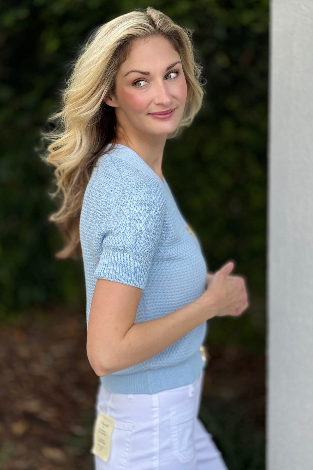 Coastal style short sleeve sweater with starfish accents