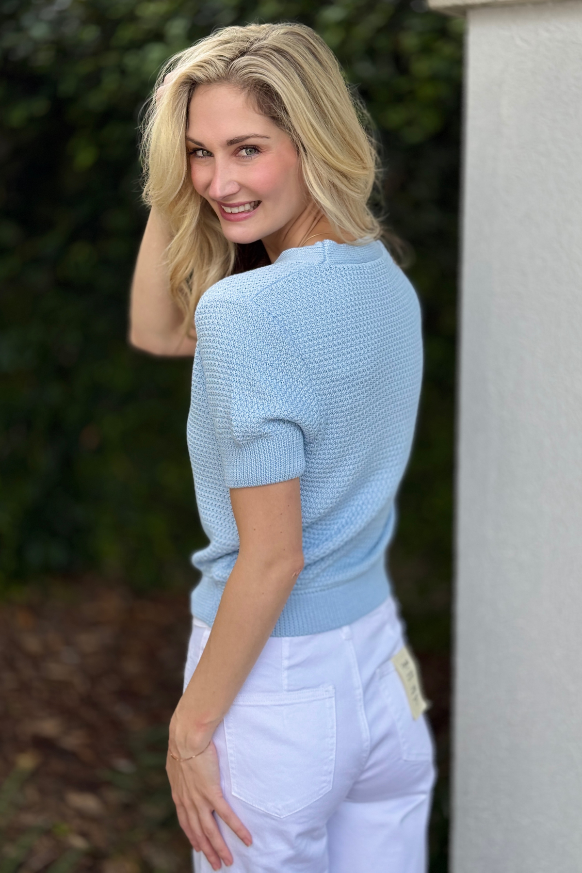 Coastal grandmother style sweater top in blue