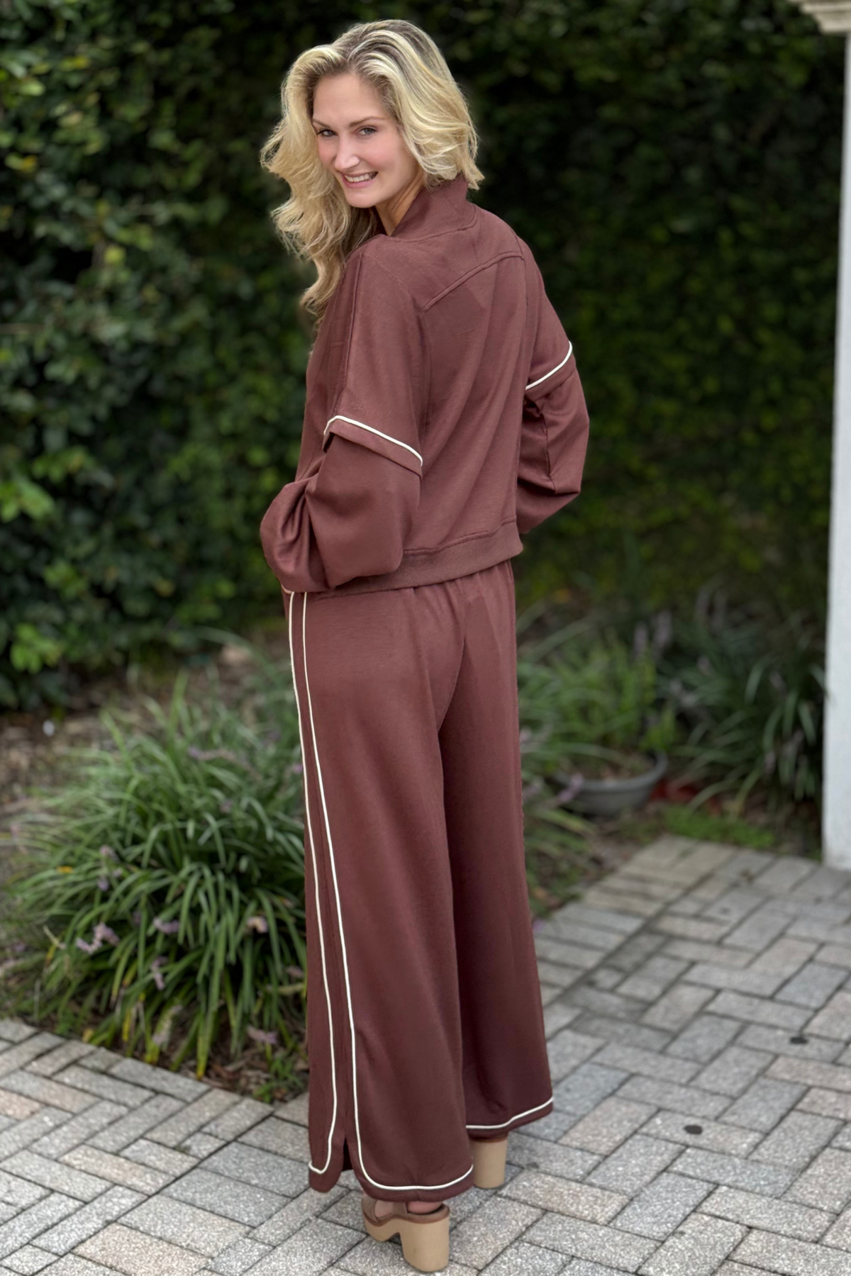 Back view of Cocoa Crush Knit Pants in brown, wide-leg with soft double knit fabric