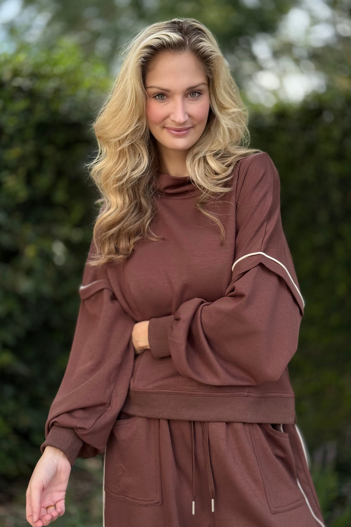 Cocoa Crush Brown Mock Neck Sweatshirt front view, ultra-soft double knit with faux layered sleeves and contrast piping