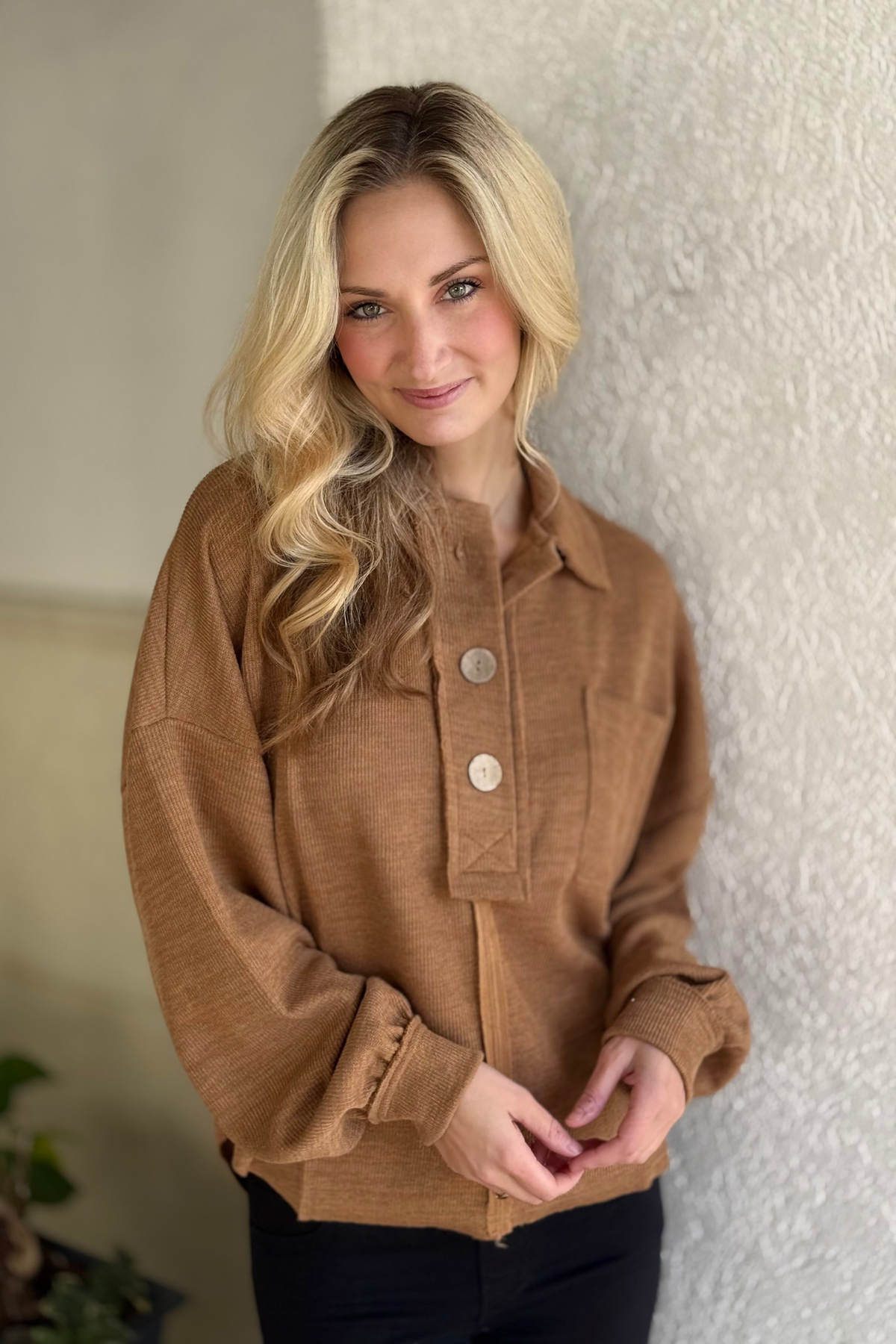 Relaxed fit caramel knit top with long sleeves