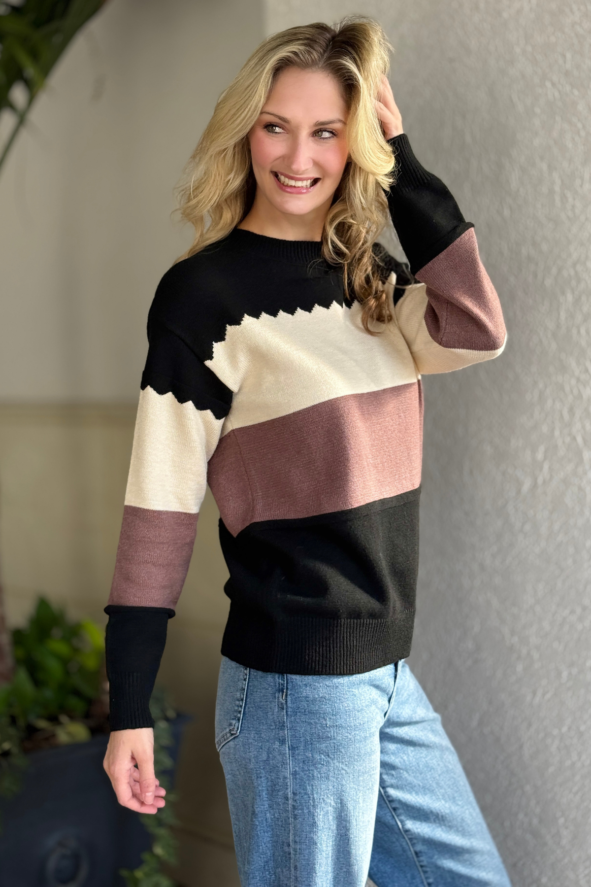 Soft knit colorblock sweater front view