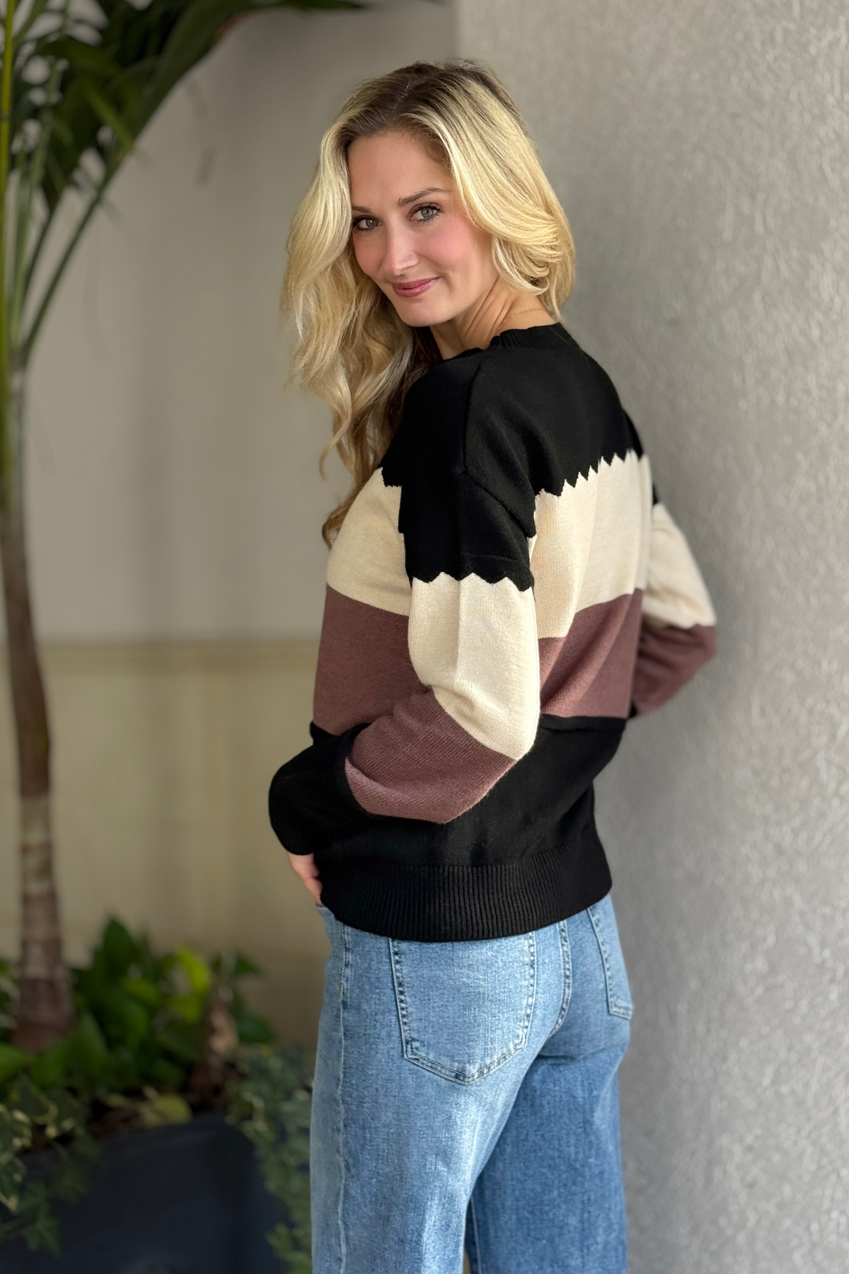 Boutique colorblock sweater with drop shoulders