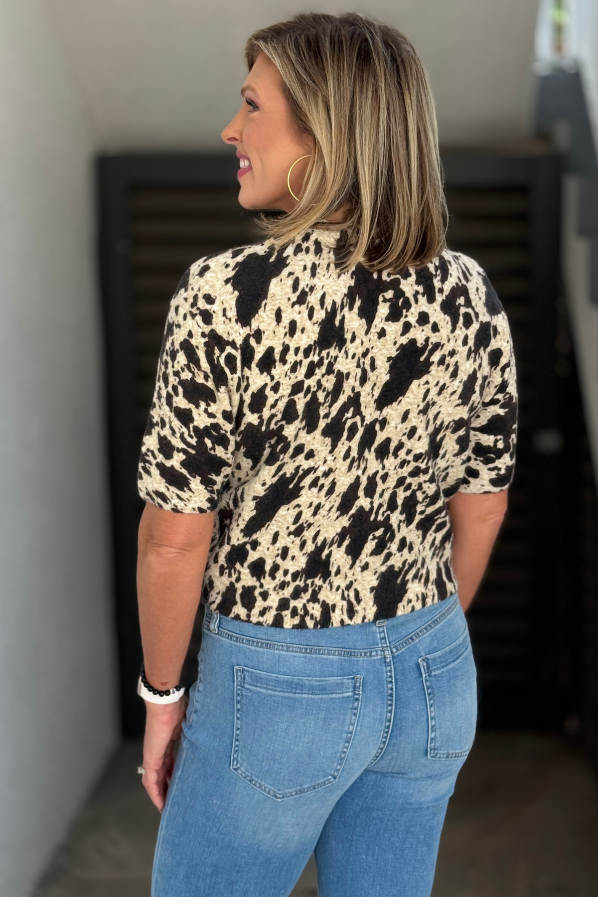 Charlie B animal print knit top with elbow balloon sleeves