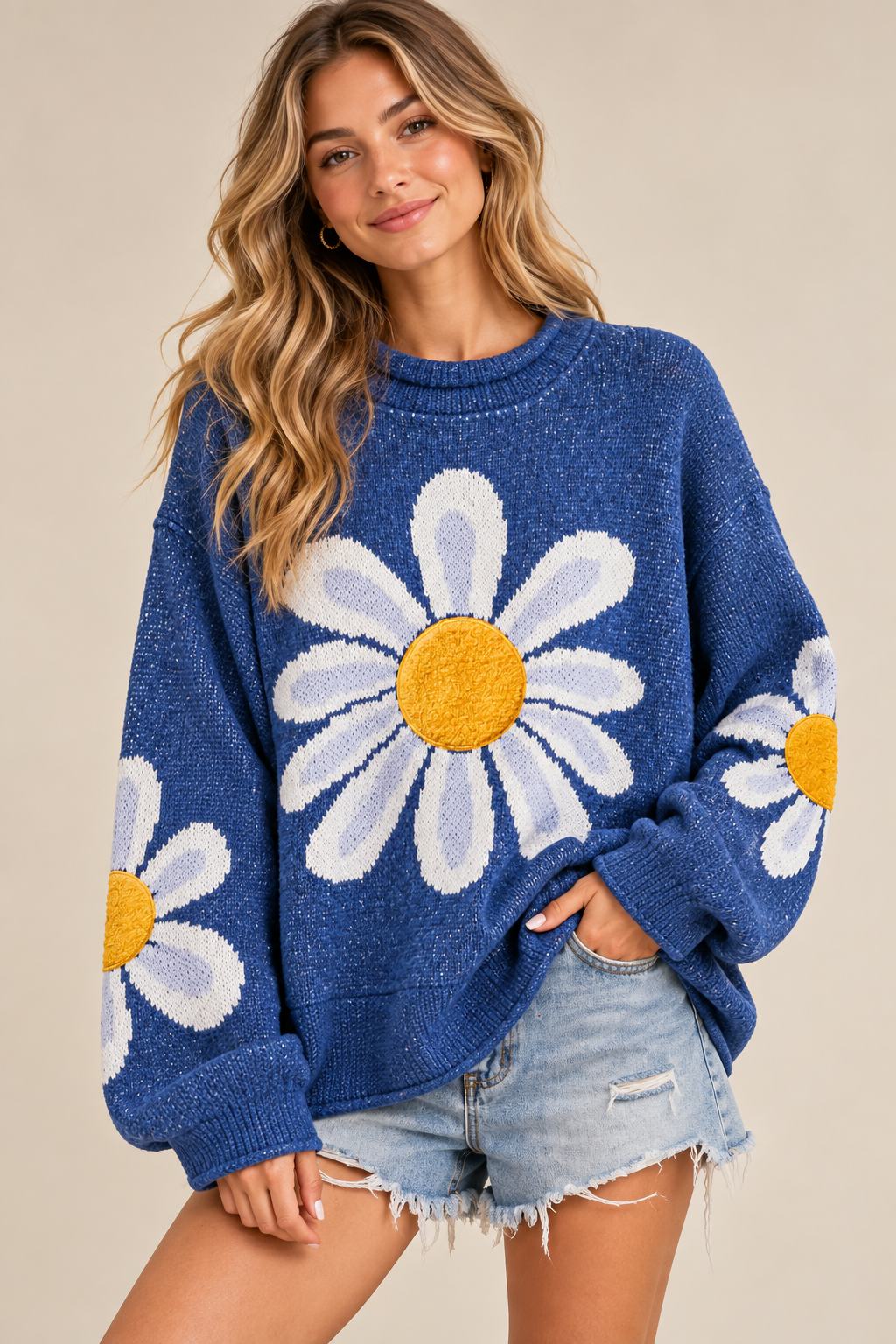 Daisy Days Oversized Cotton Knit Sweater – Blue