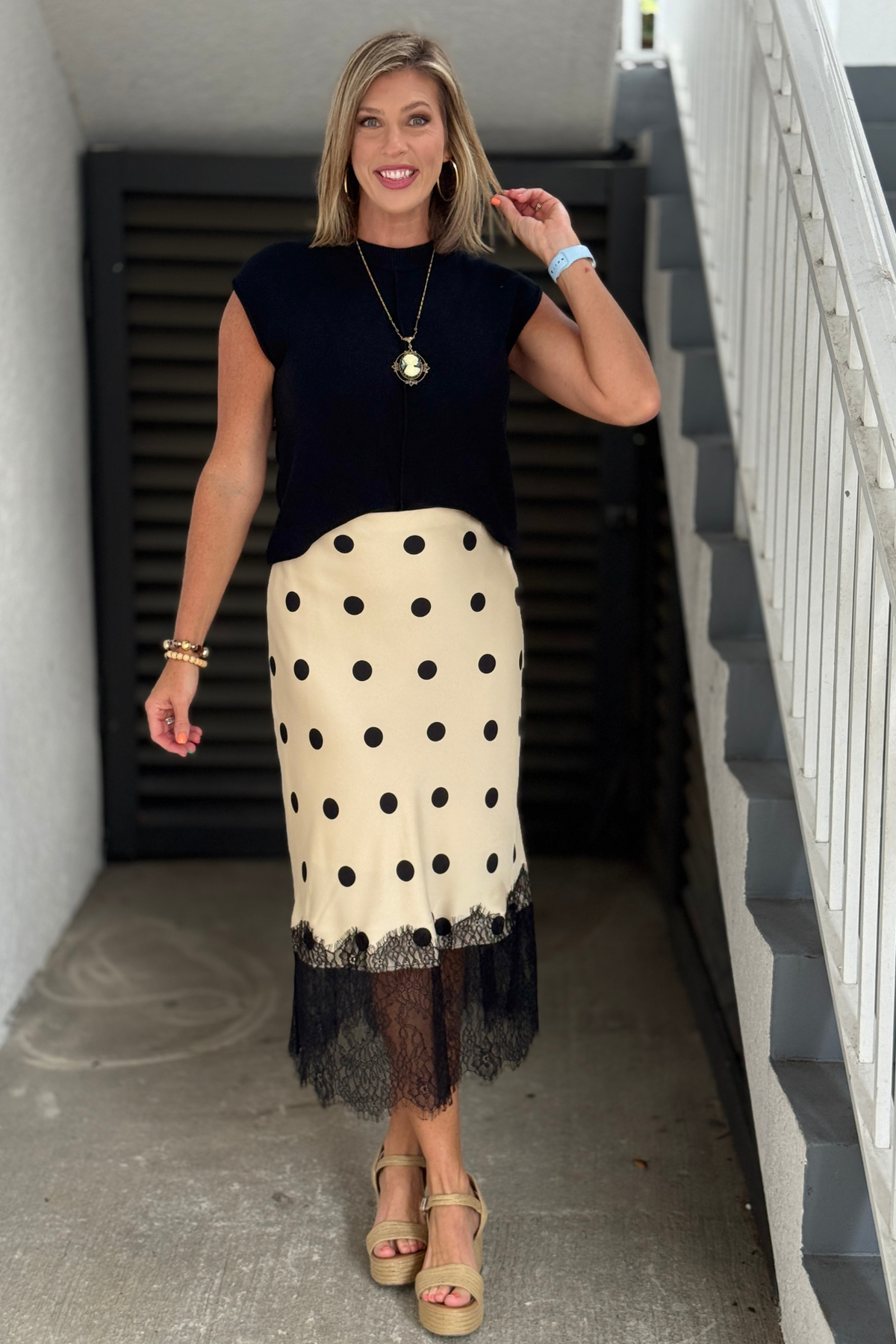 Cream satin midi skirt with black polka dots