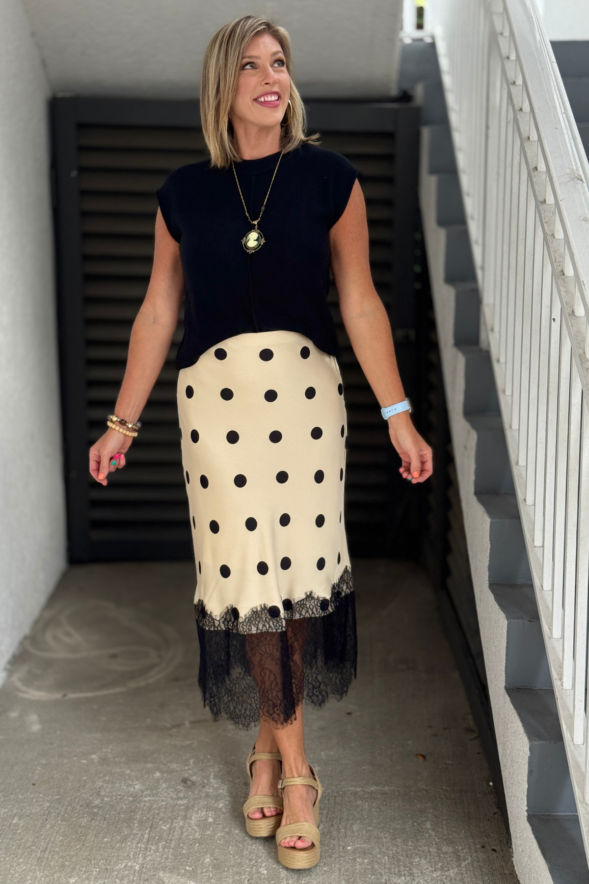 Women's satin polka dot skirt with lace hem
