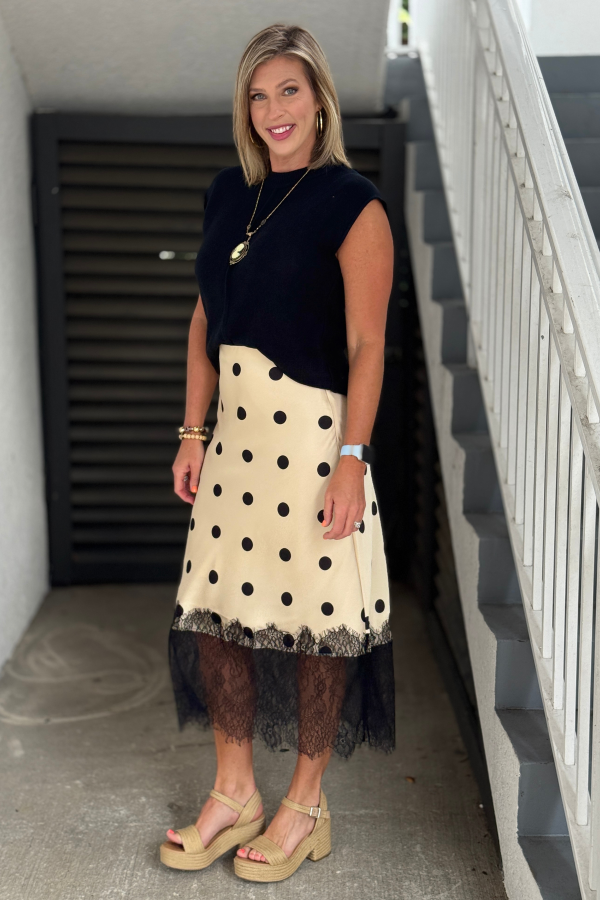 Black and cream satin midi skirt with lace detail