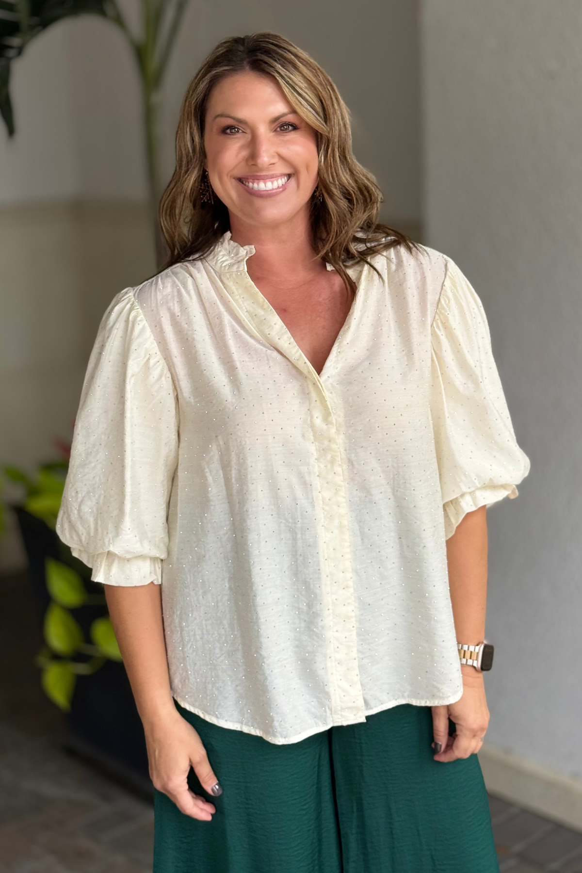 Cream balloon sleeve blouse with rhinestone embellishments and button front