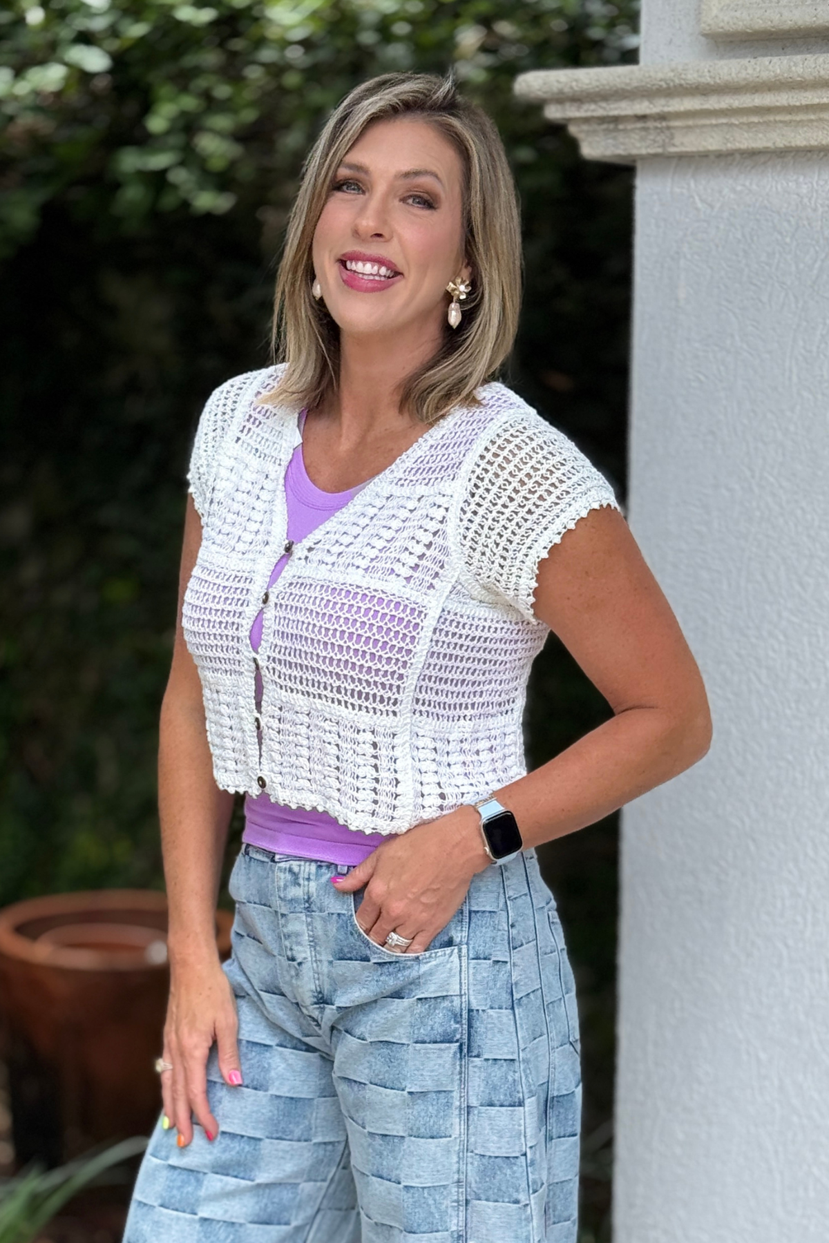 White crochet knit short sleeve cardigan