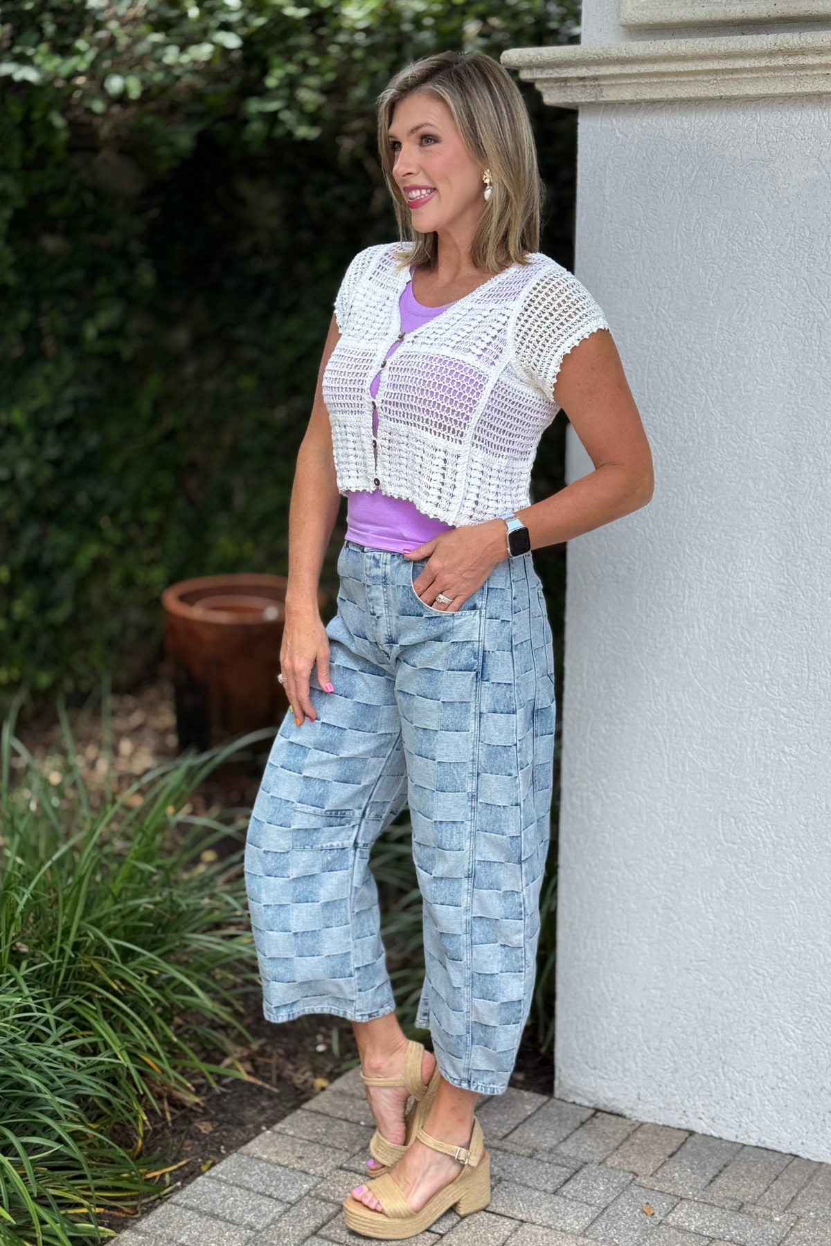 Cropped summer crochet cardigan in white
