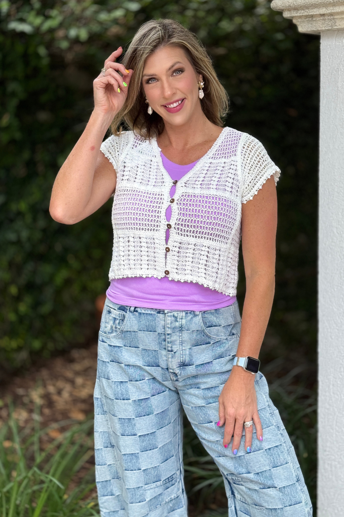 Boutique white crochet button front top