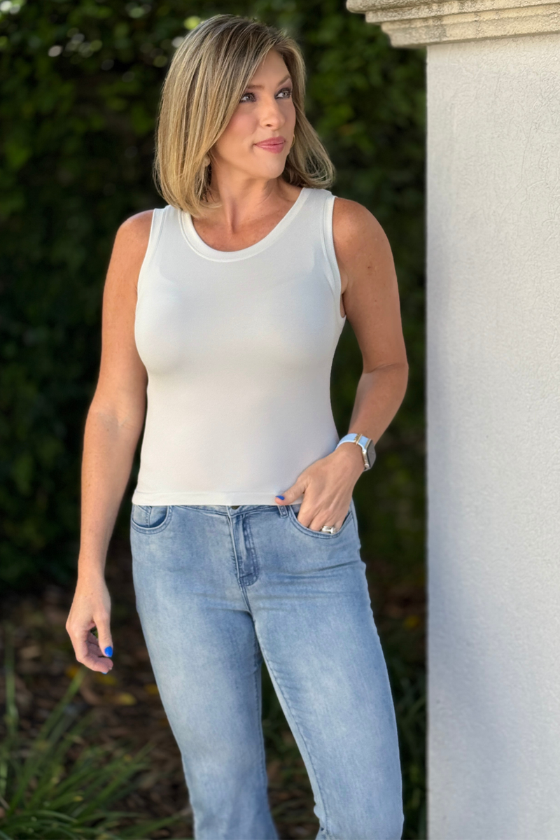 fitted bone crop tank on model