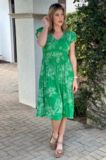 Spring Green Floral Print Pleated Midi Dress
