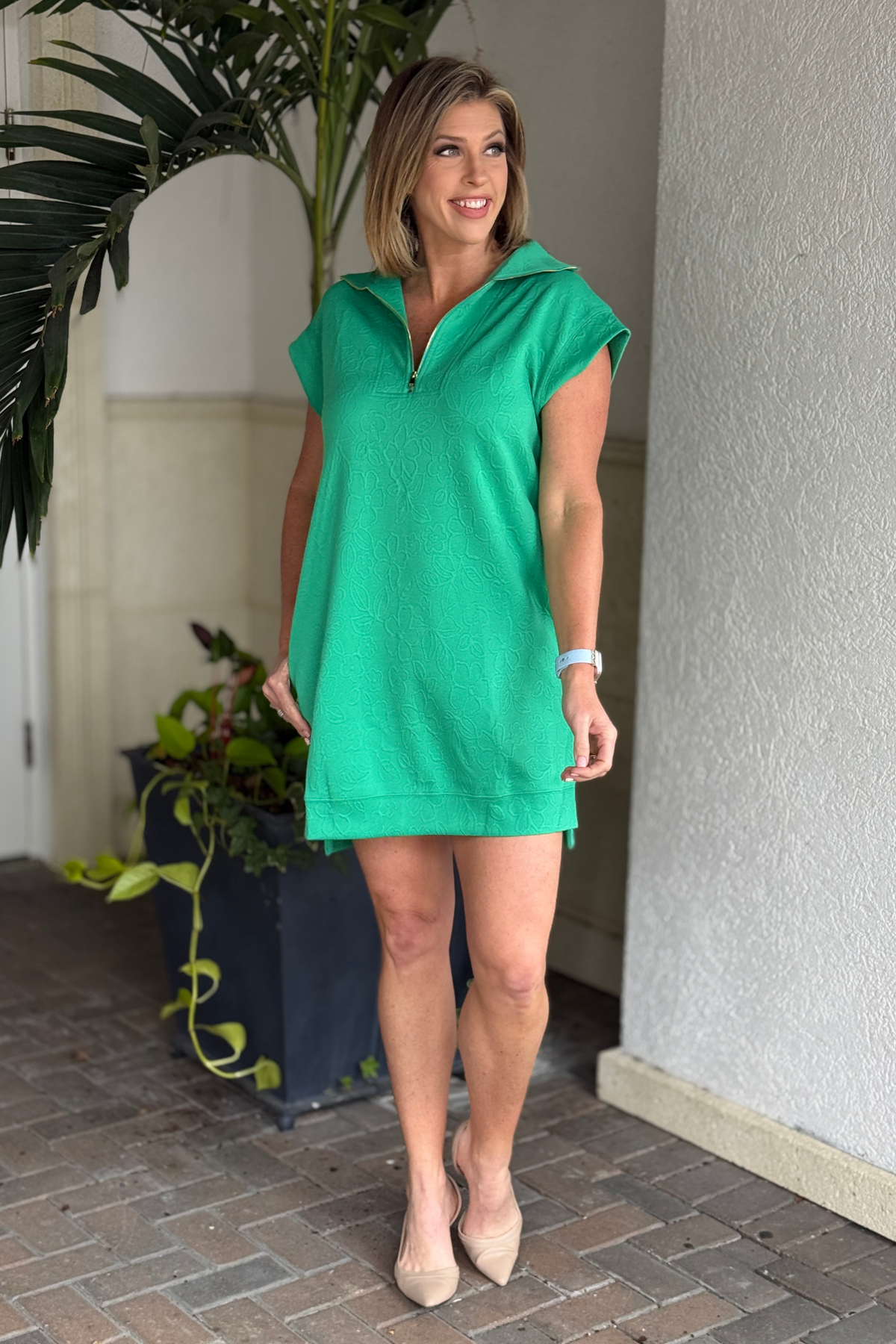 Jacquard zip front dress with cap sleeves