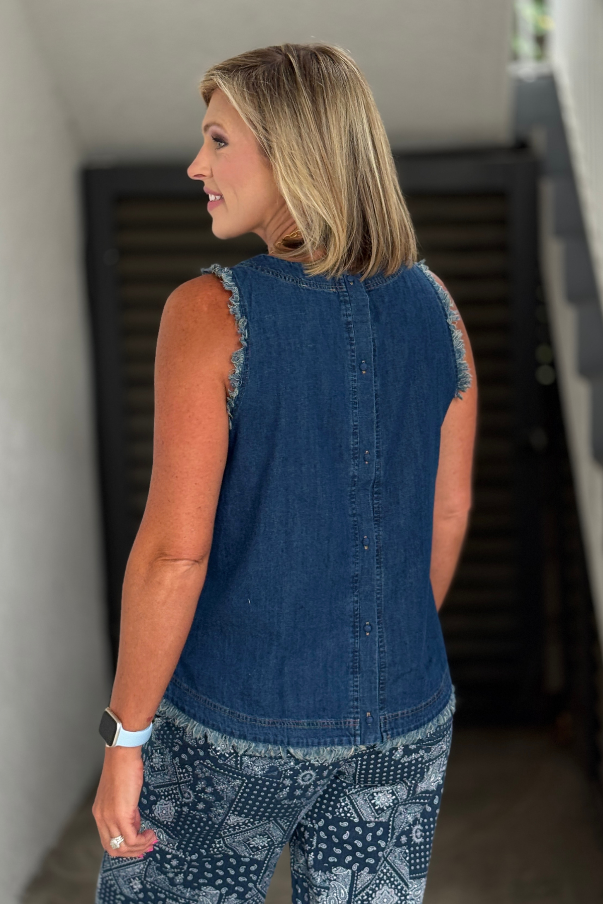 Back button denim tank top