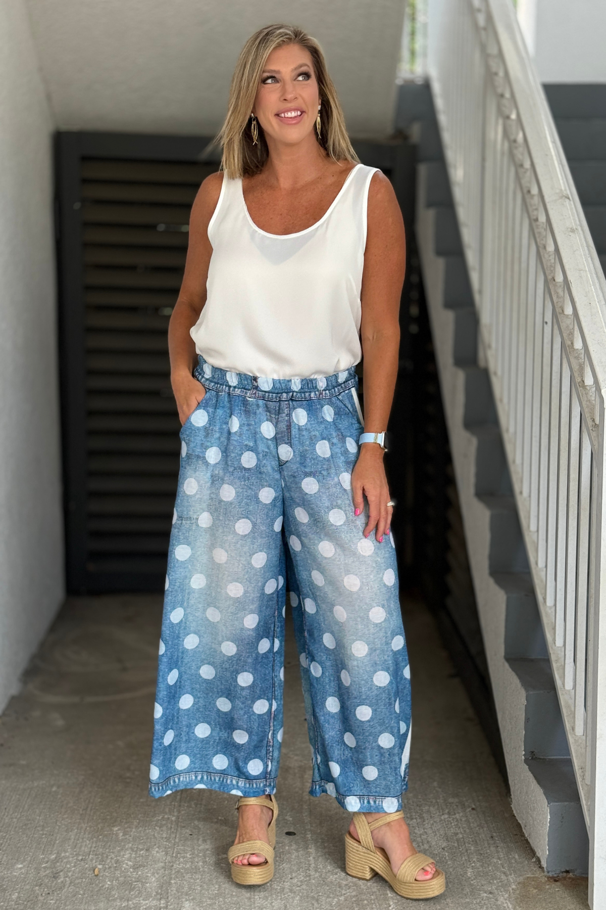 Chambray polka dot palazzo pants