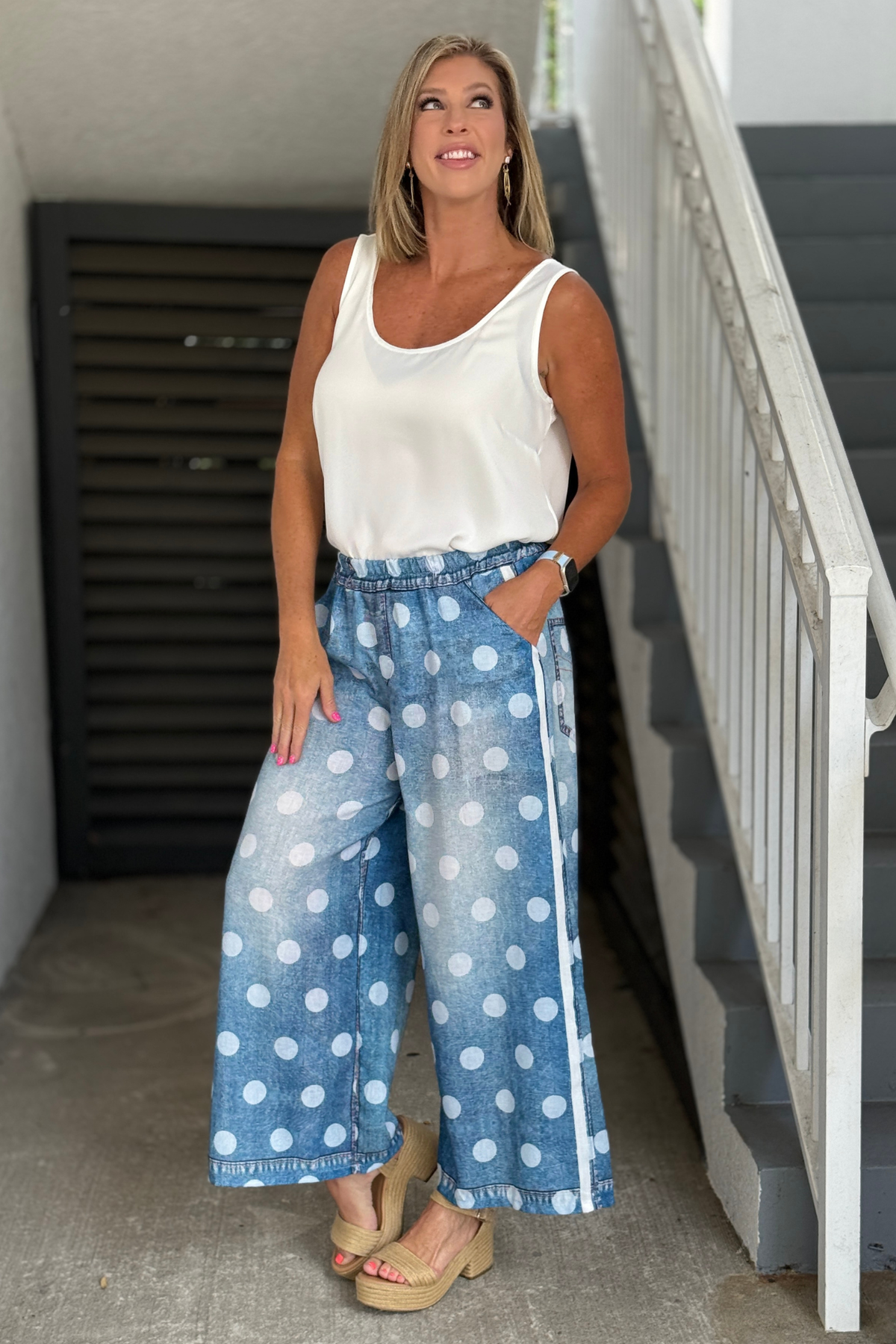 Women's chambray wide leg pants with white dots
