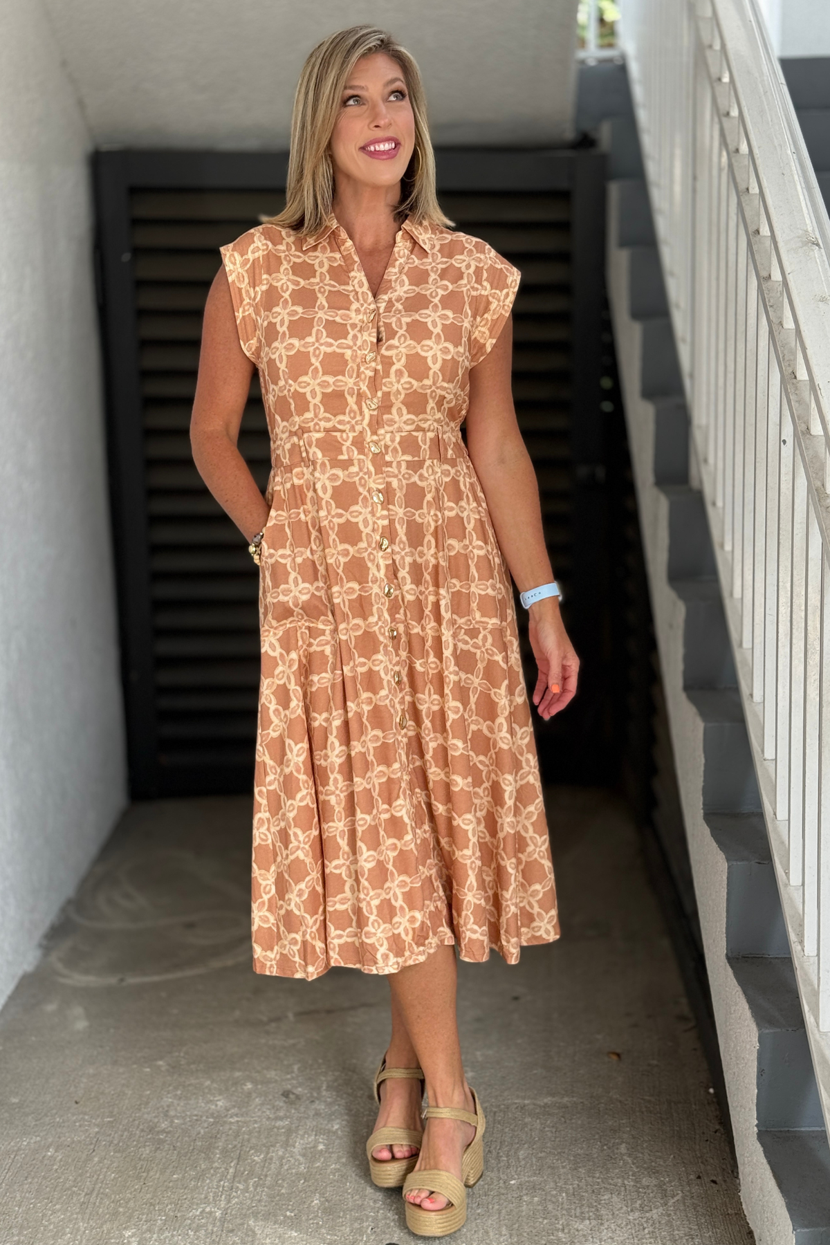 Neutral printed button front midi dress