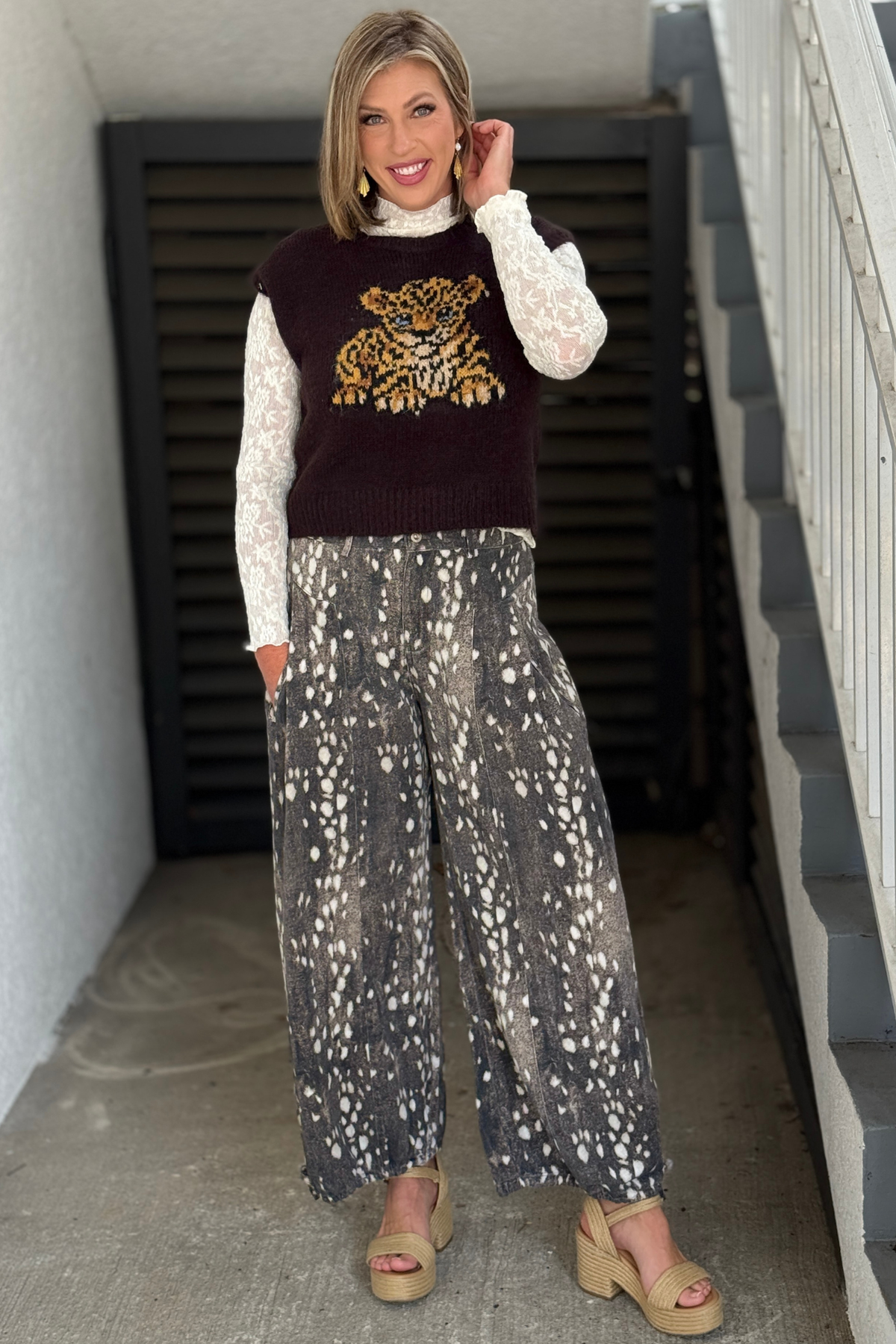Bambi Spotted Wide Leg Pants in brown and cream