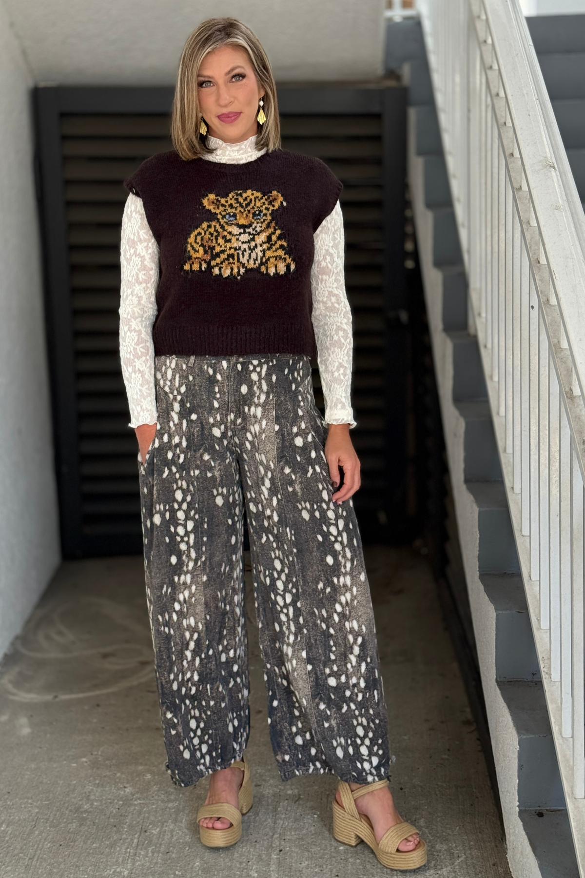 Brown spotted wide leg boutique pants with pockets