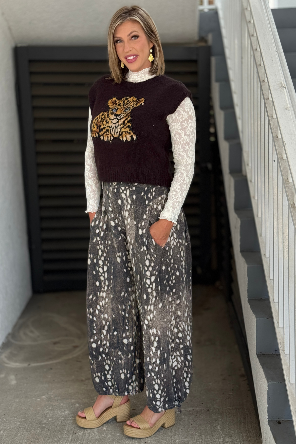 Bambi animal print pants with elastic back waistband