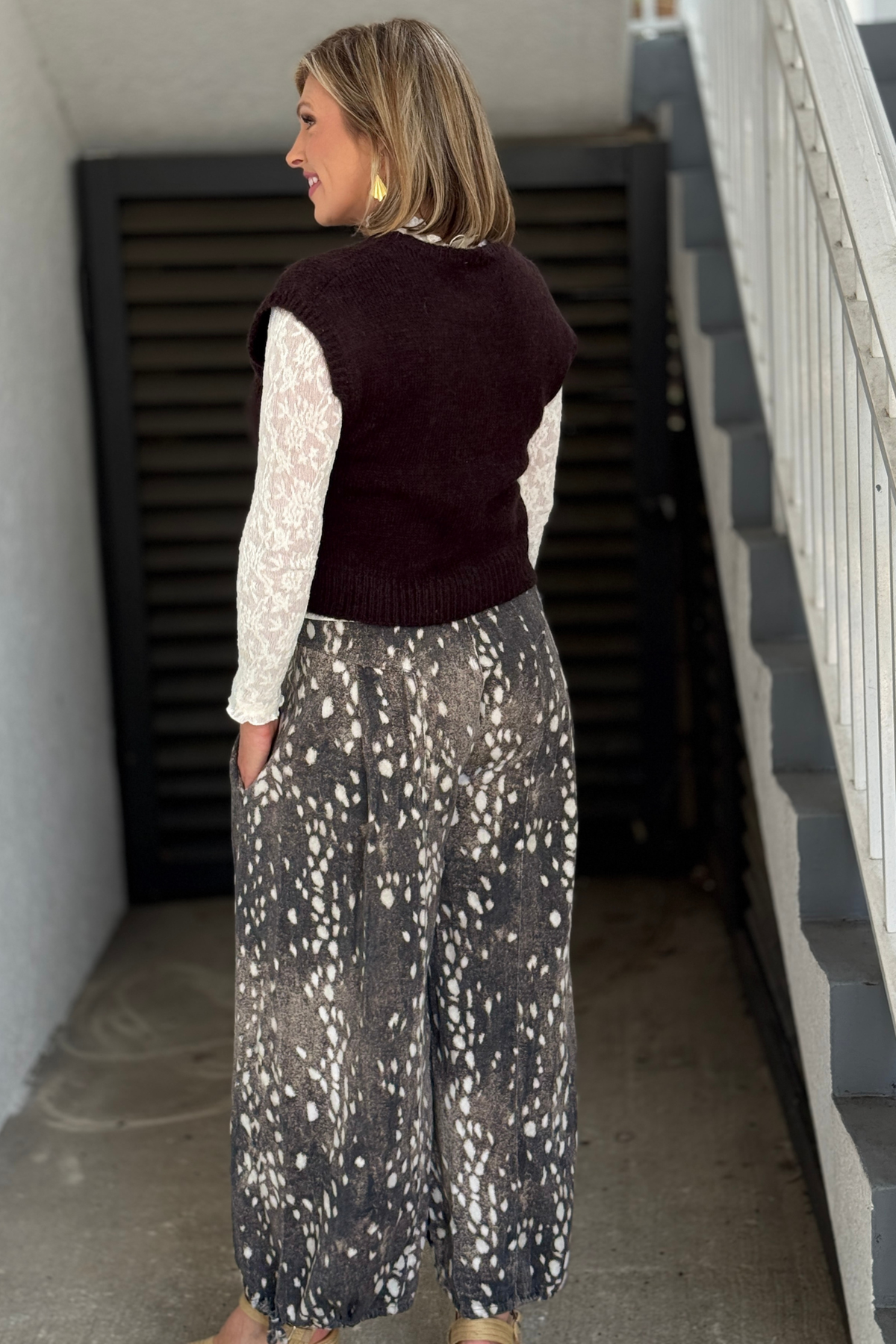 Fawn spotted wide leg trousers with drawstring ankle hem