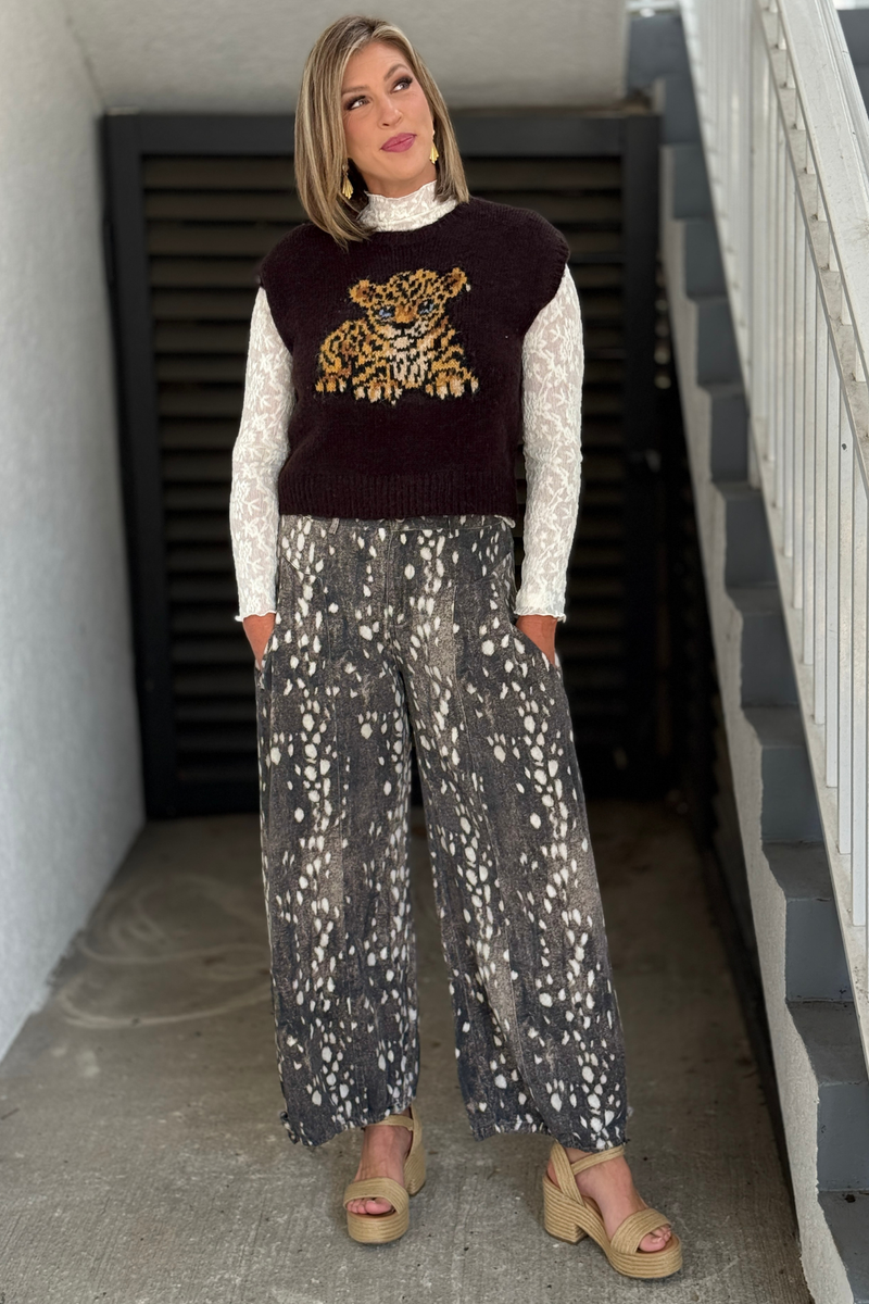 Women’s fawn print wide leg pants with ankle ties