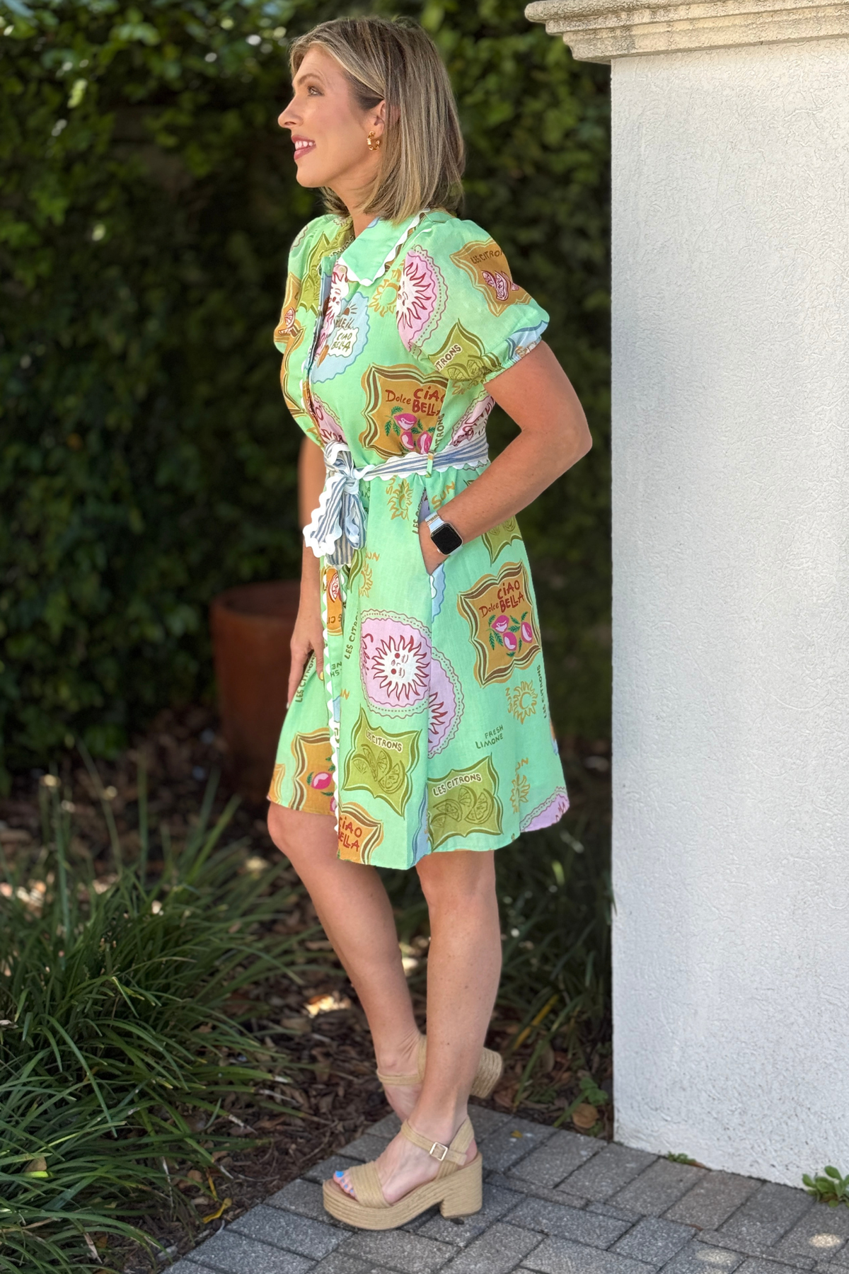Boutique summer shirt dress with colorful Amalfi-inspired print and ricrac trim