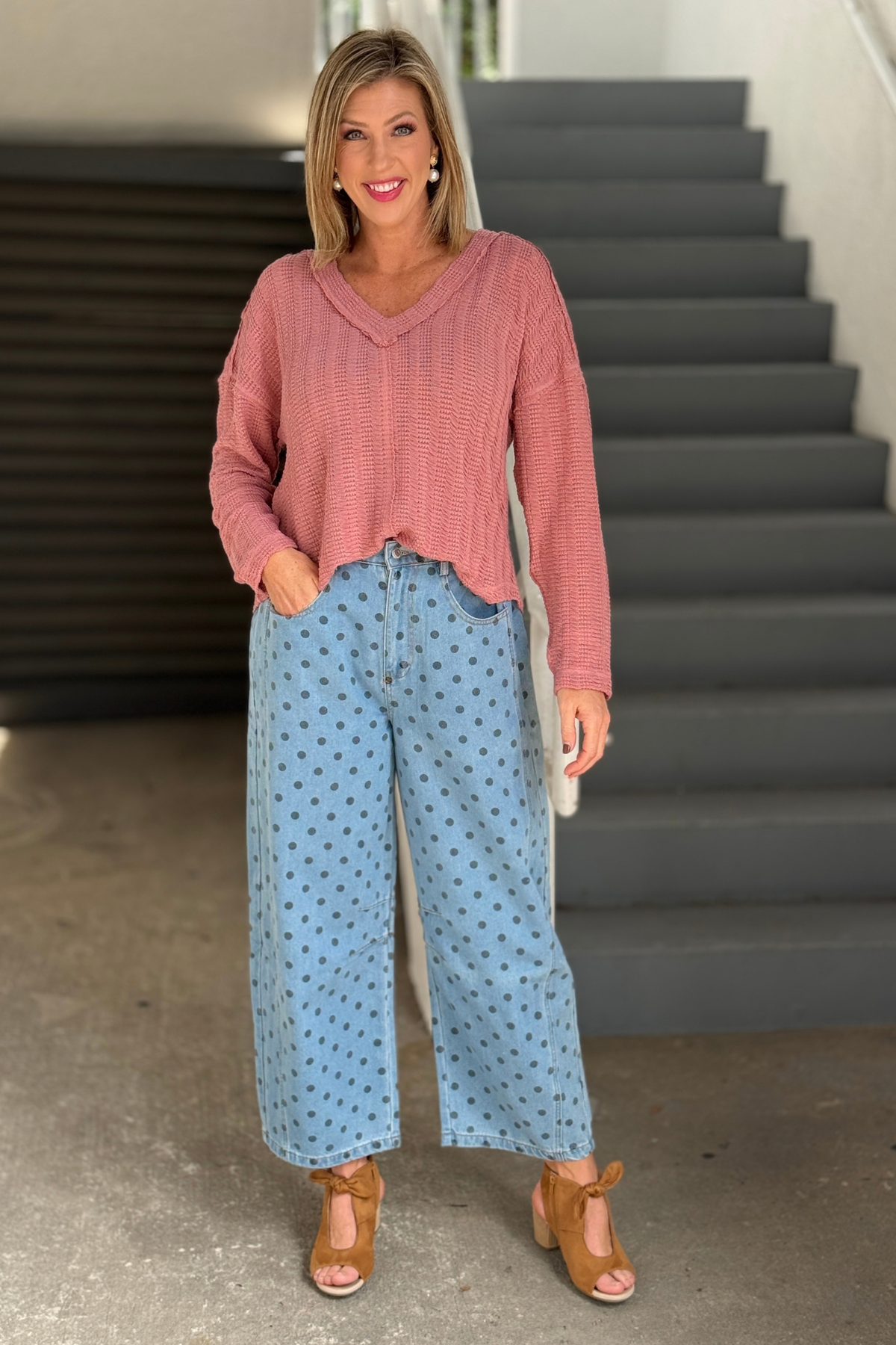 Light blue barrel leg pants with elastic back waist