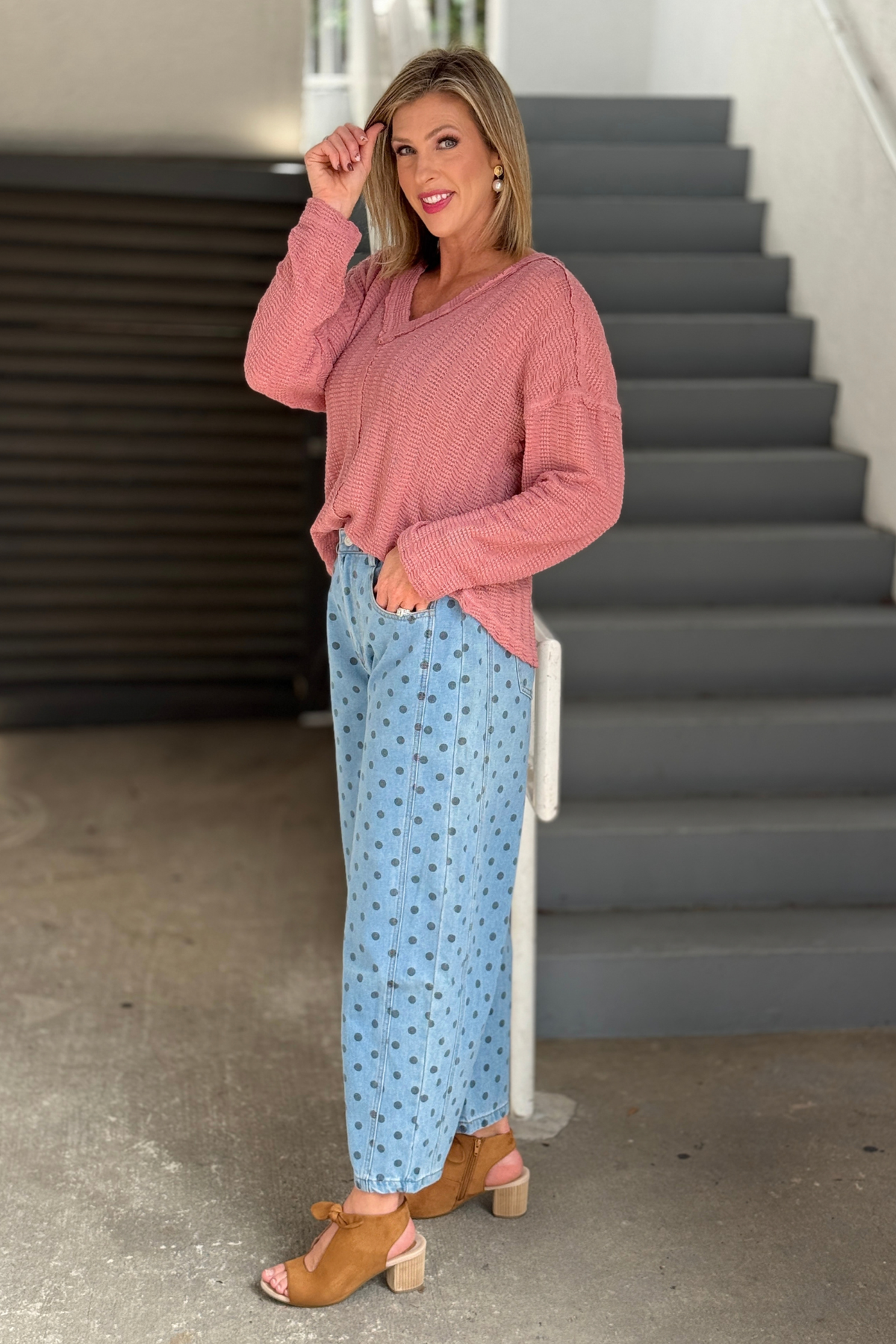 Polka dot denim pants with front seam detail