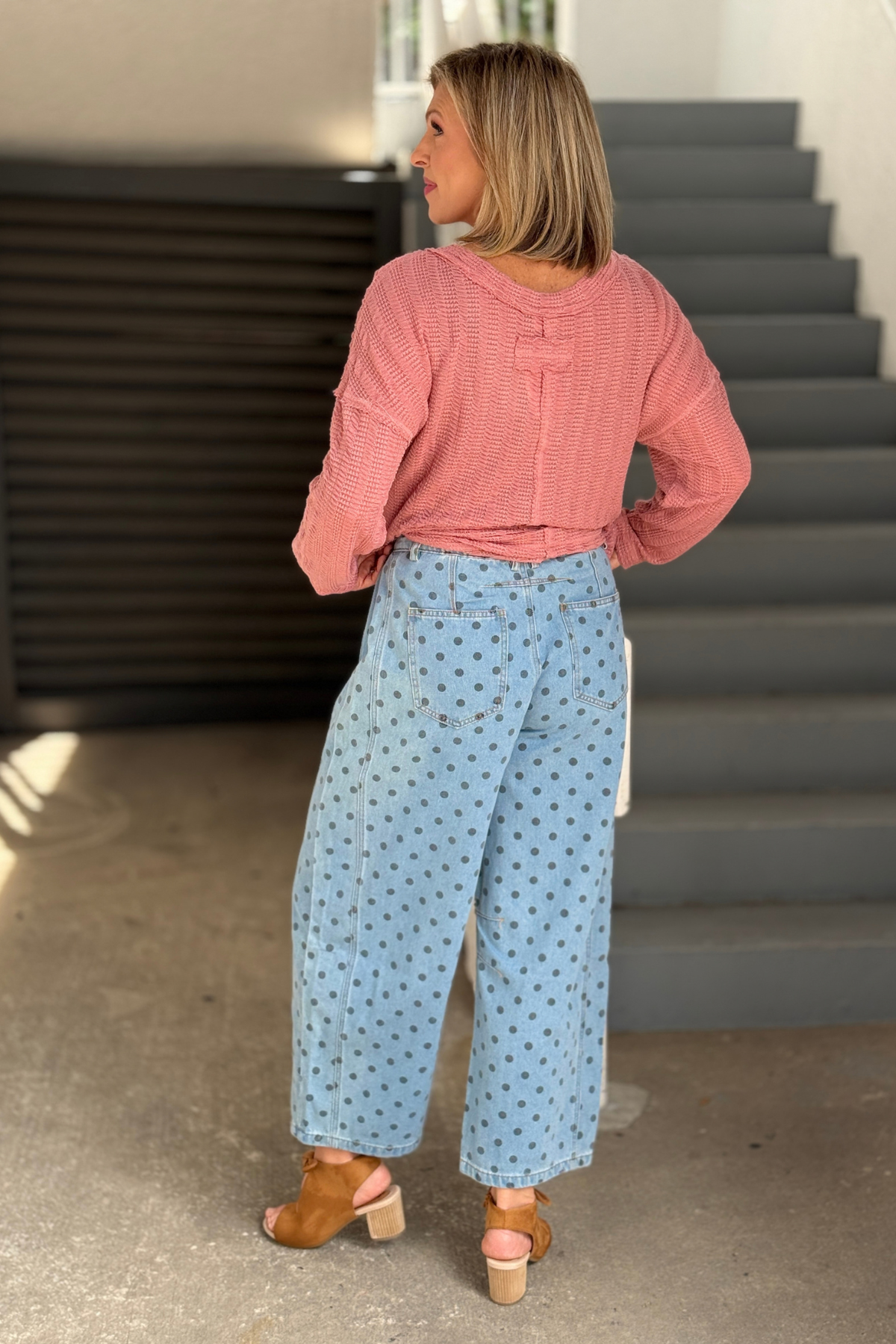 Women’s boutique printed barrel leg denim
