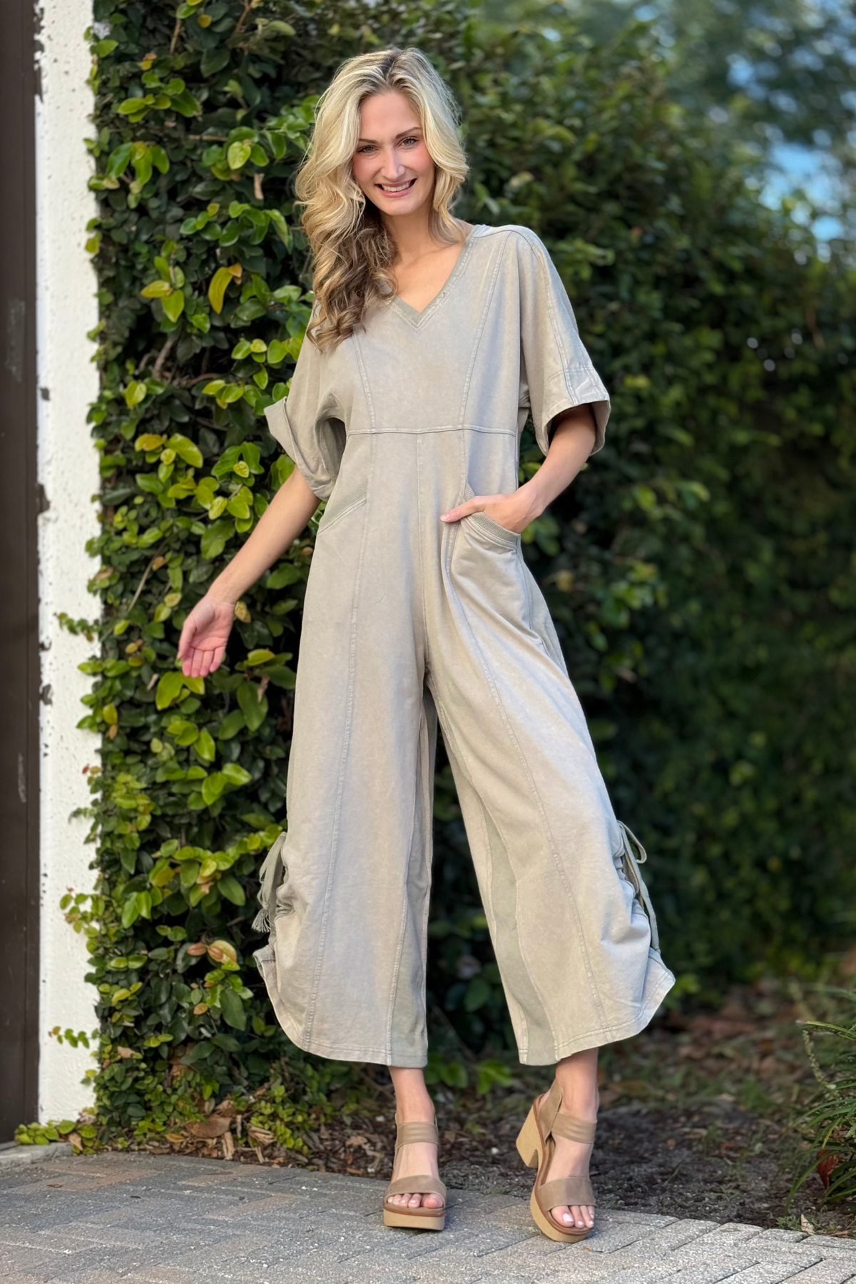 Khaki olive V-neck wide leg jumpsuit front view