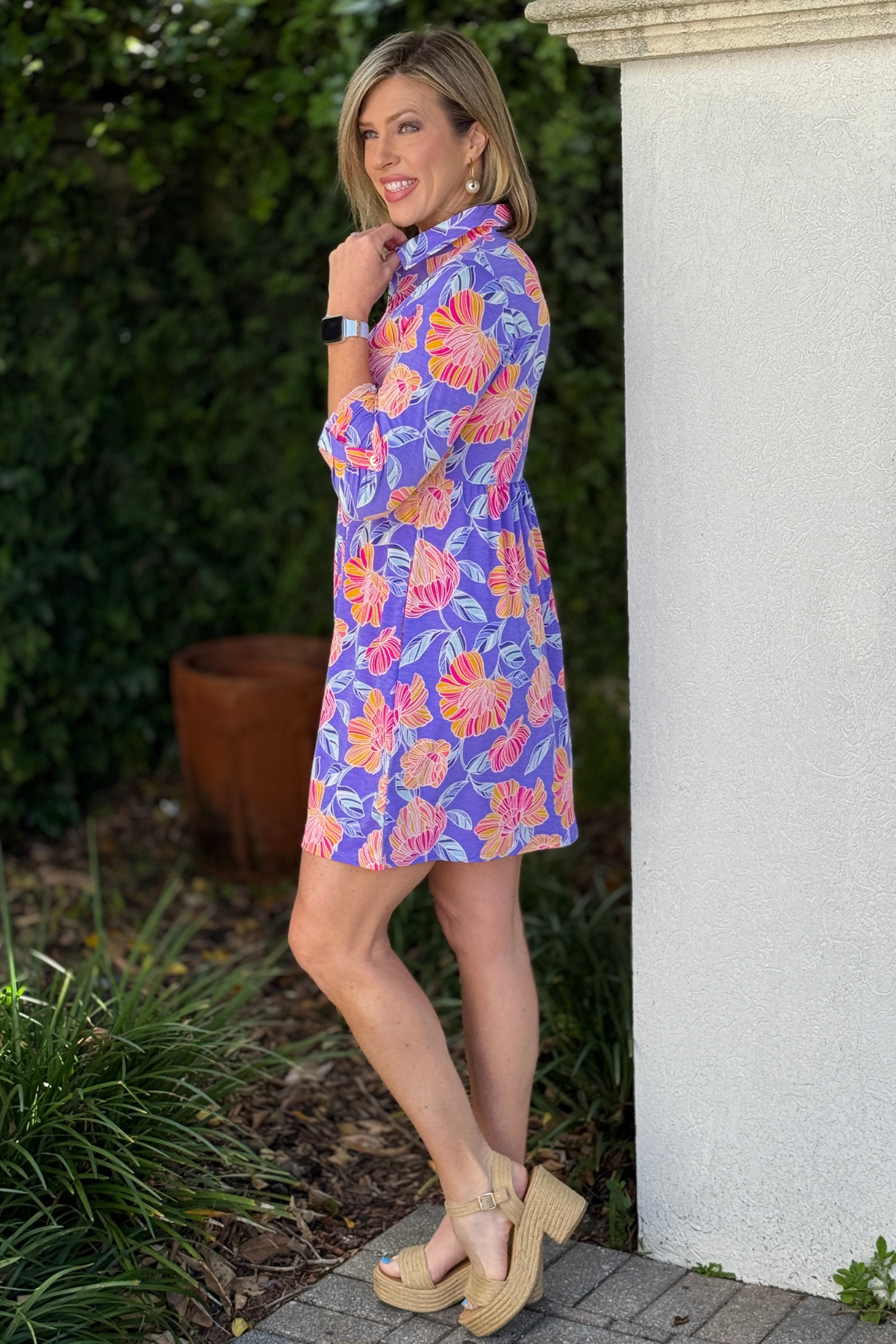 purple floral wrinkle free boutique dress side view