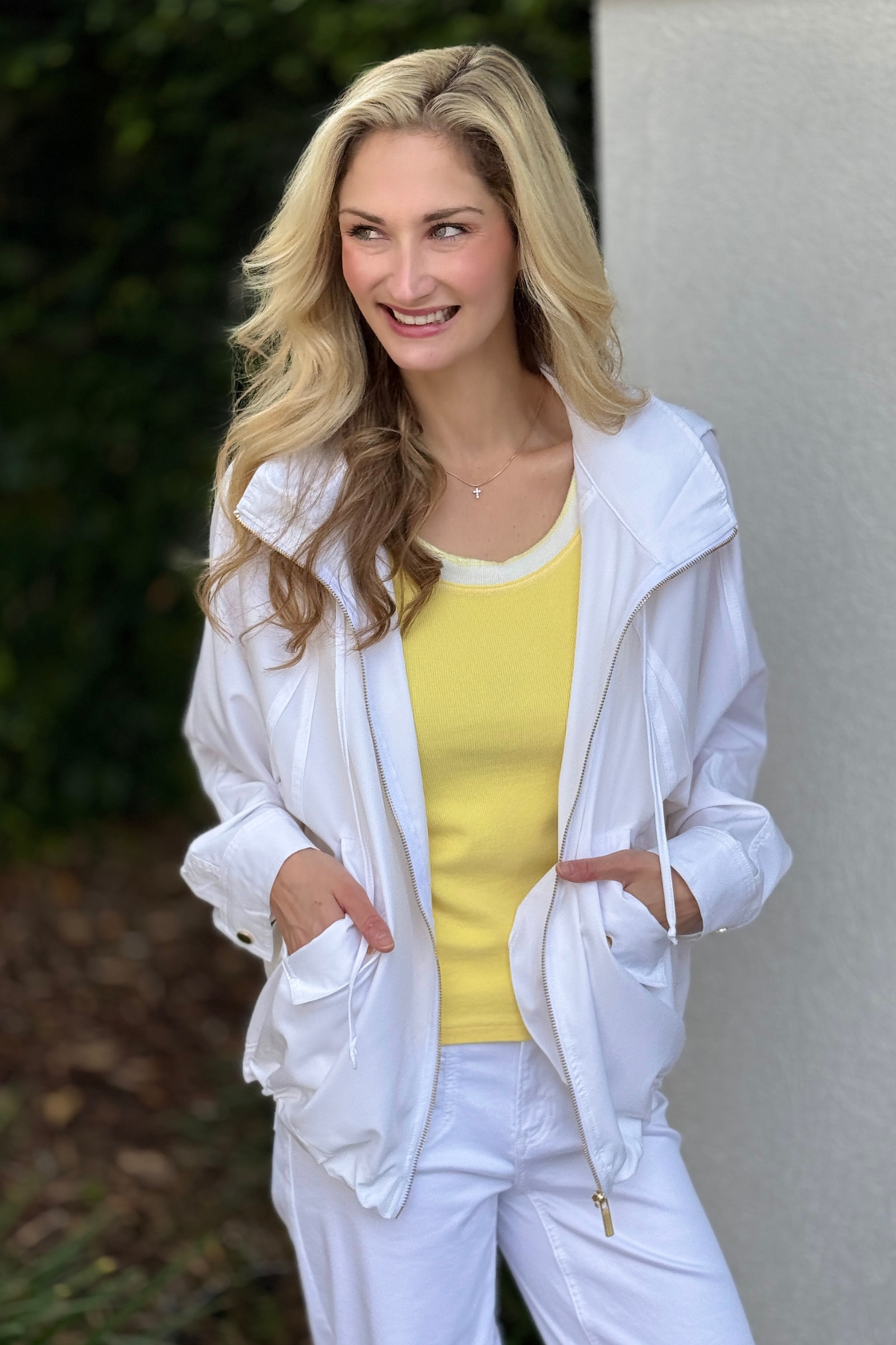 White lightweight A line hooded jacket for women