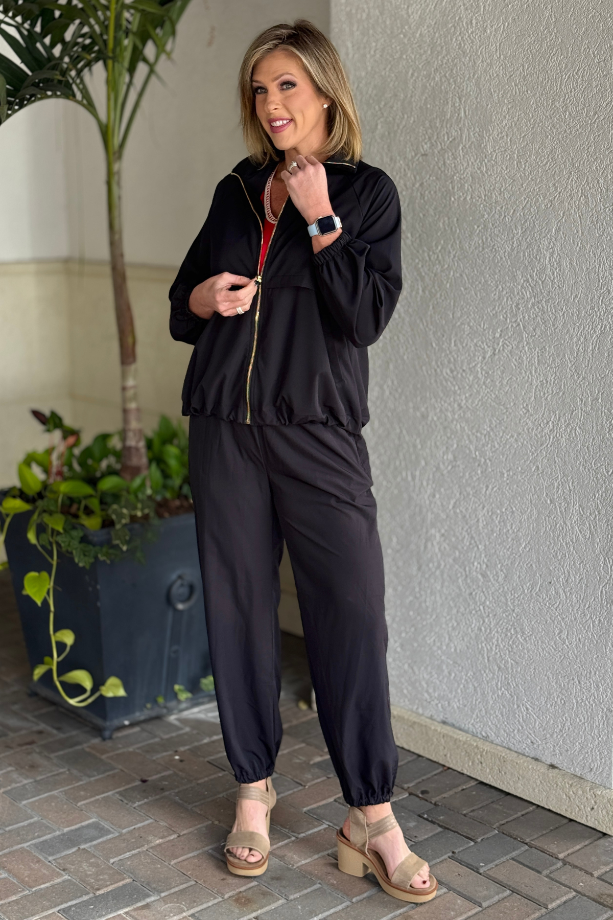 Black zip jacket and jogger pants matching set