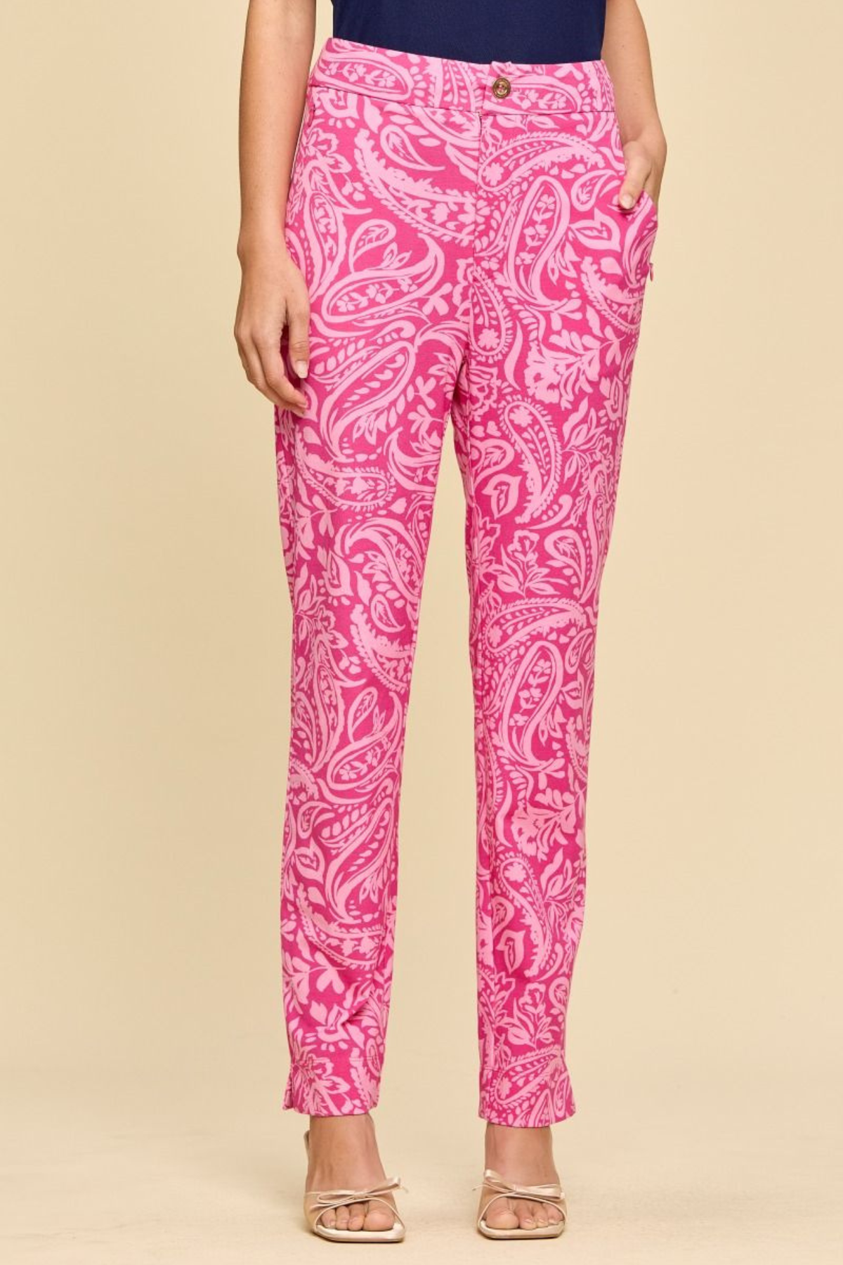 TPN hot pink and blush paisley performance pants front view