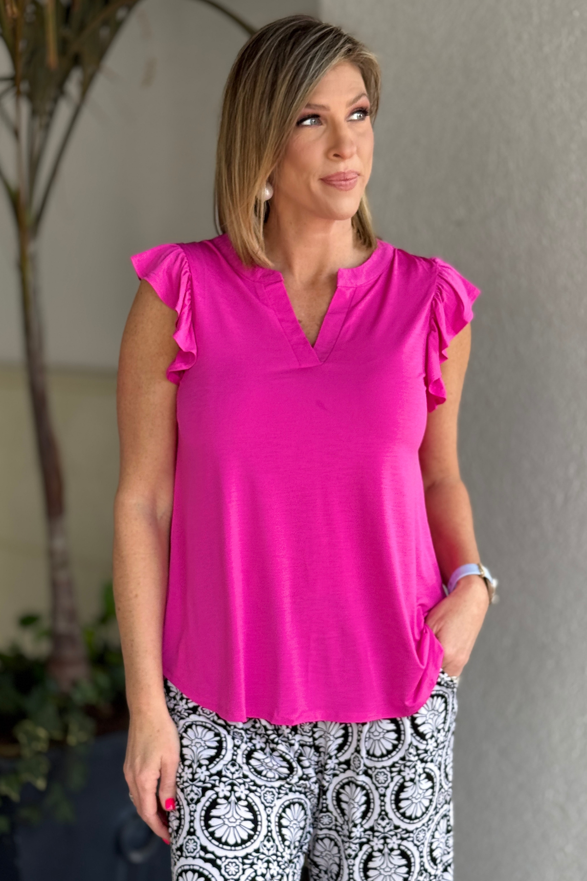TPN paradise pink flutter sleeve knit top front view