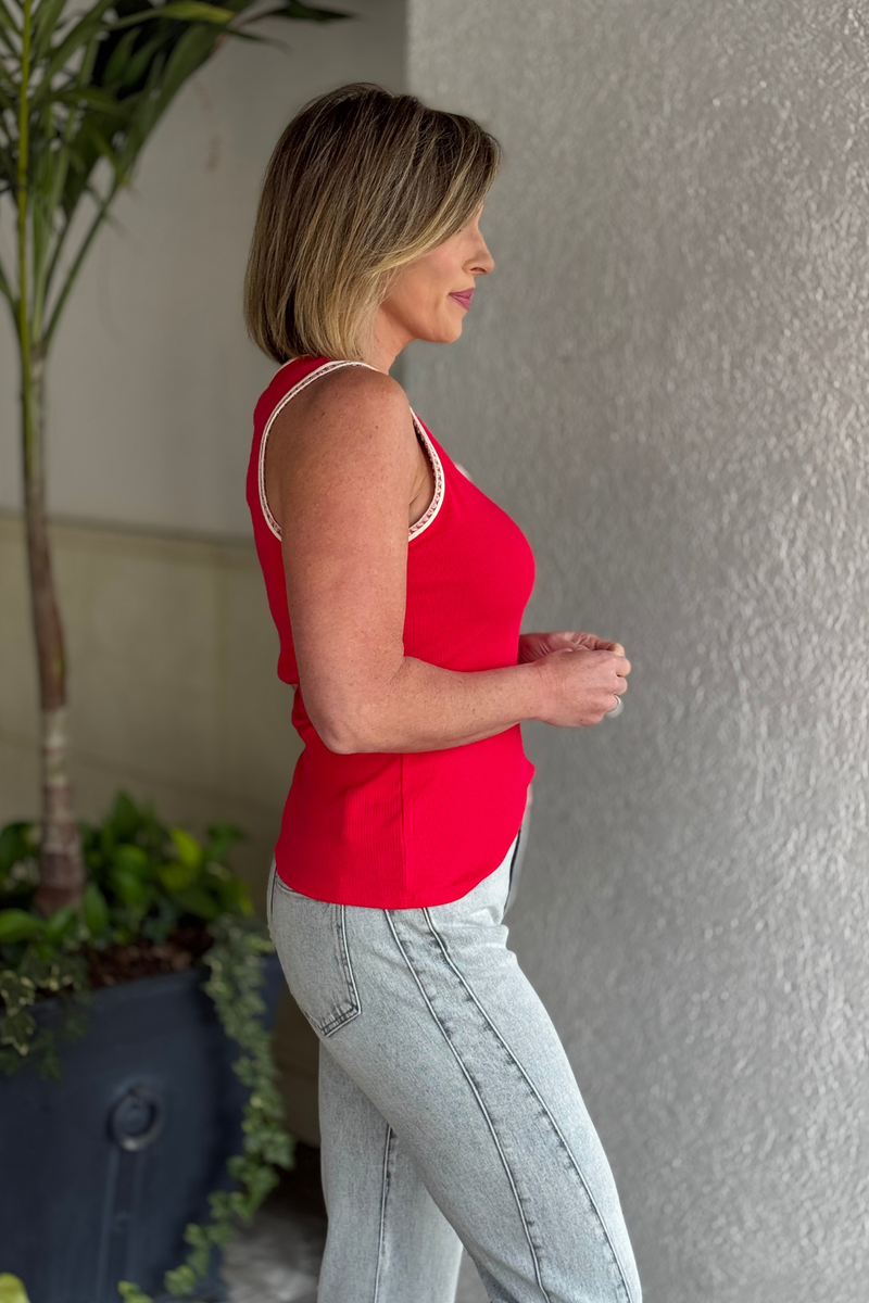 Women wearing red ribbed knit tank top