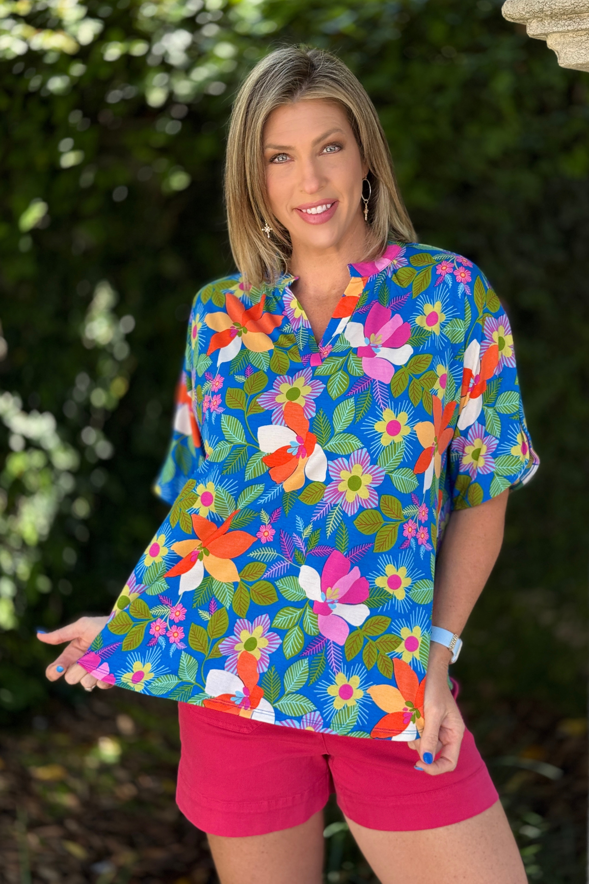 blue floral wrinkle free flowy top dear scarlett