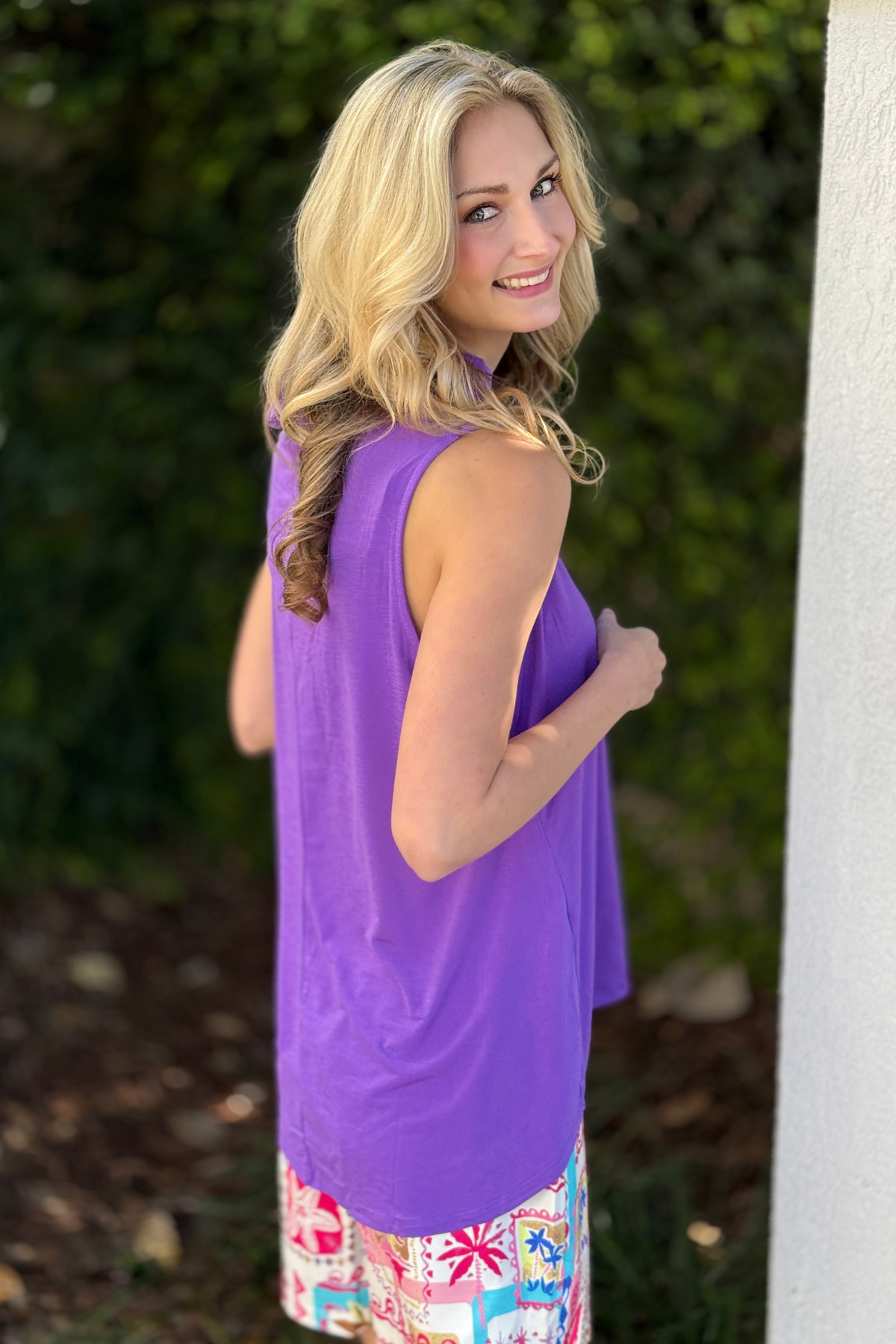 Violet Splash sleeveless button tank with gold buttons