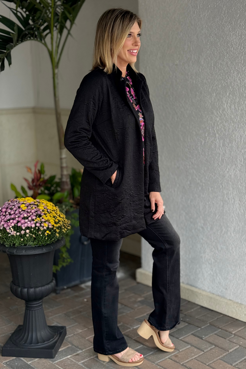 Obsidian Muse black jacquard midi coat with structured silhouette and side pockets dear scarlett