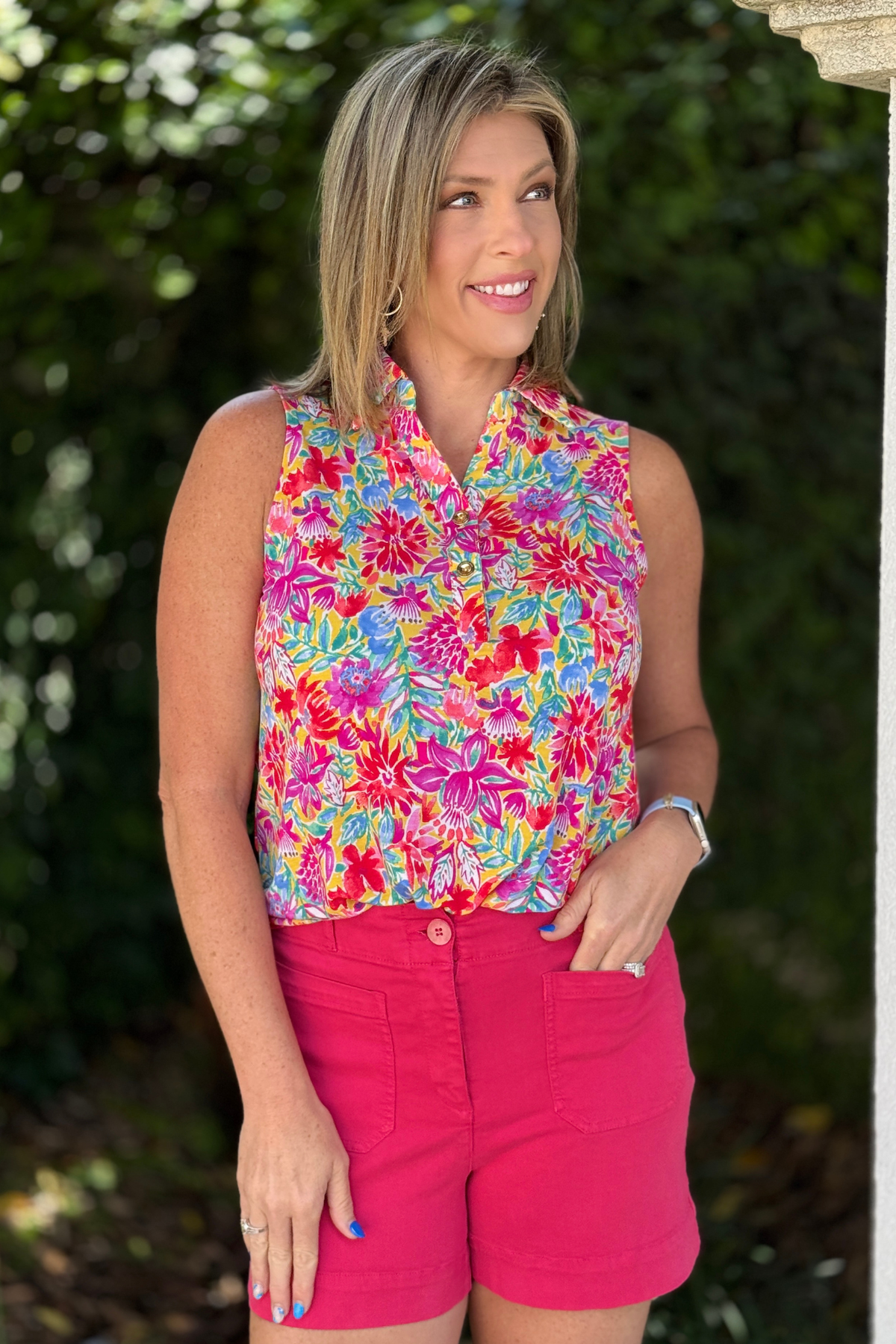 dear scarlett sleeveless top with collar and gold buttons